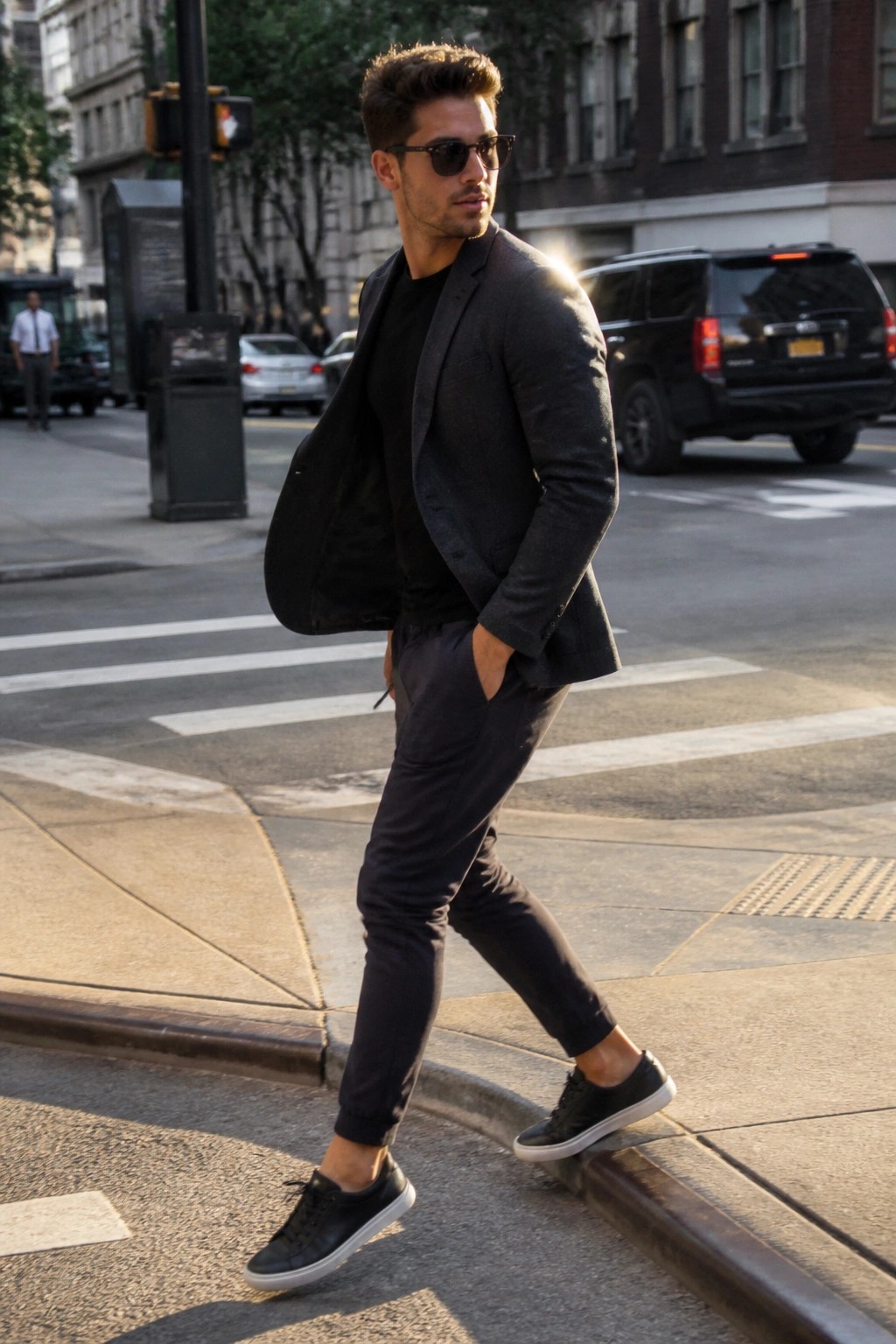 Man in dark blazer and sneakers crossing city street at crosswalk