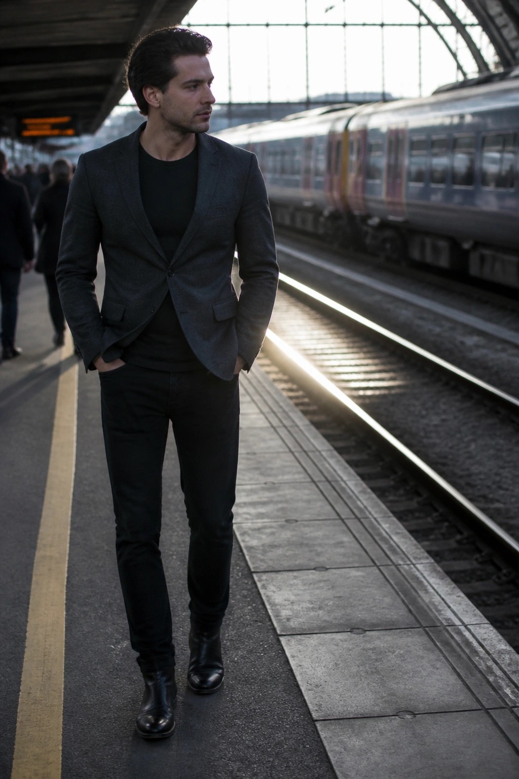 Man in gray blazer and black pants on train platform beside silver train