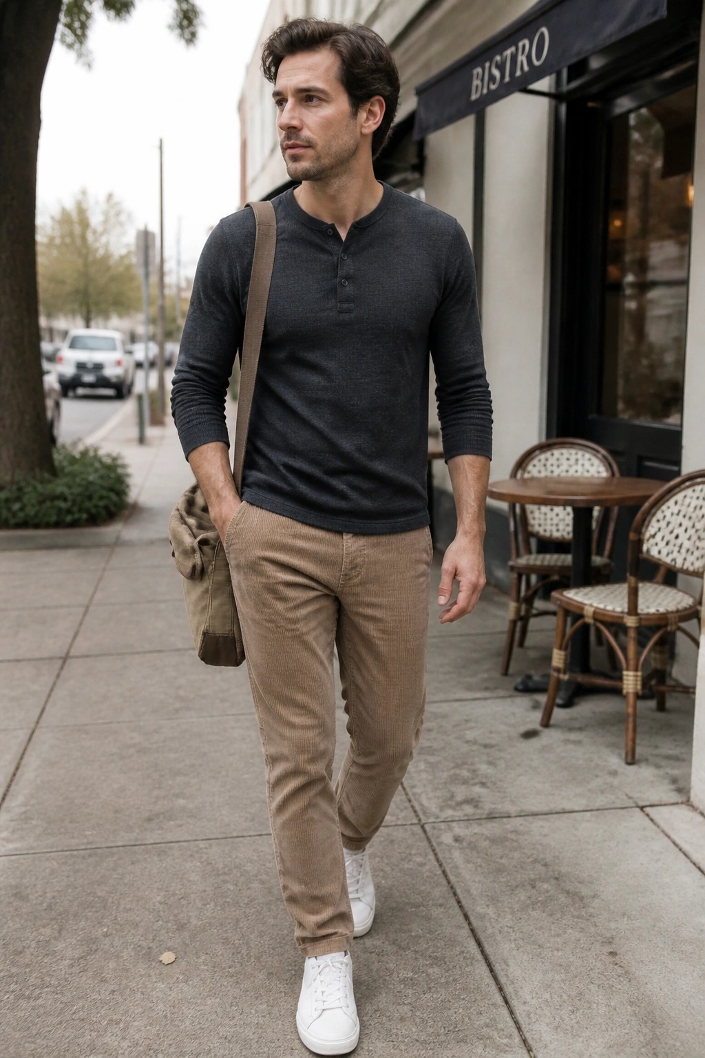 Man in gray henley shirt and tan corduroy pants walking on sidewalk with bag