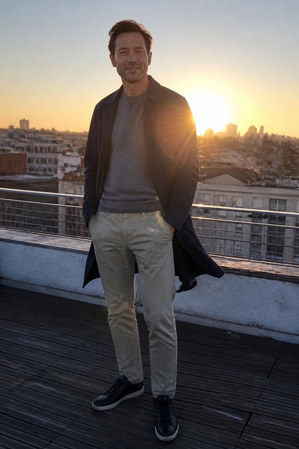 Man in gray sweater and dark jacket with beige pants on rooftop at sunset.