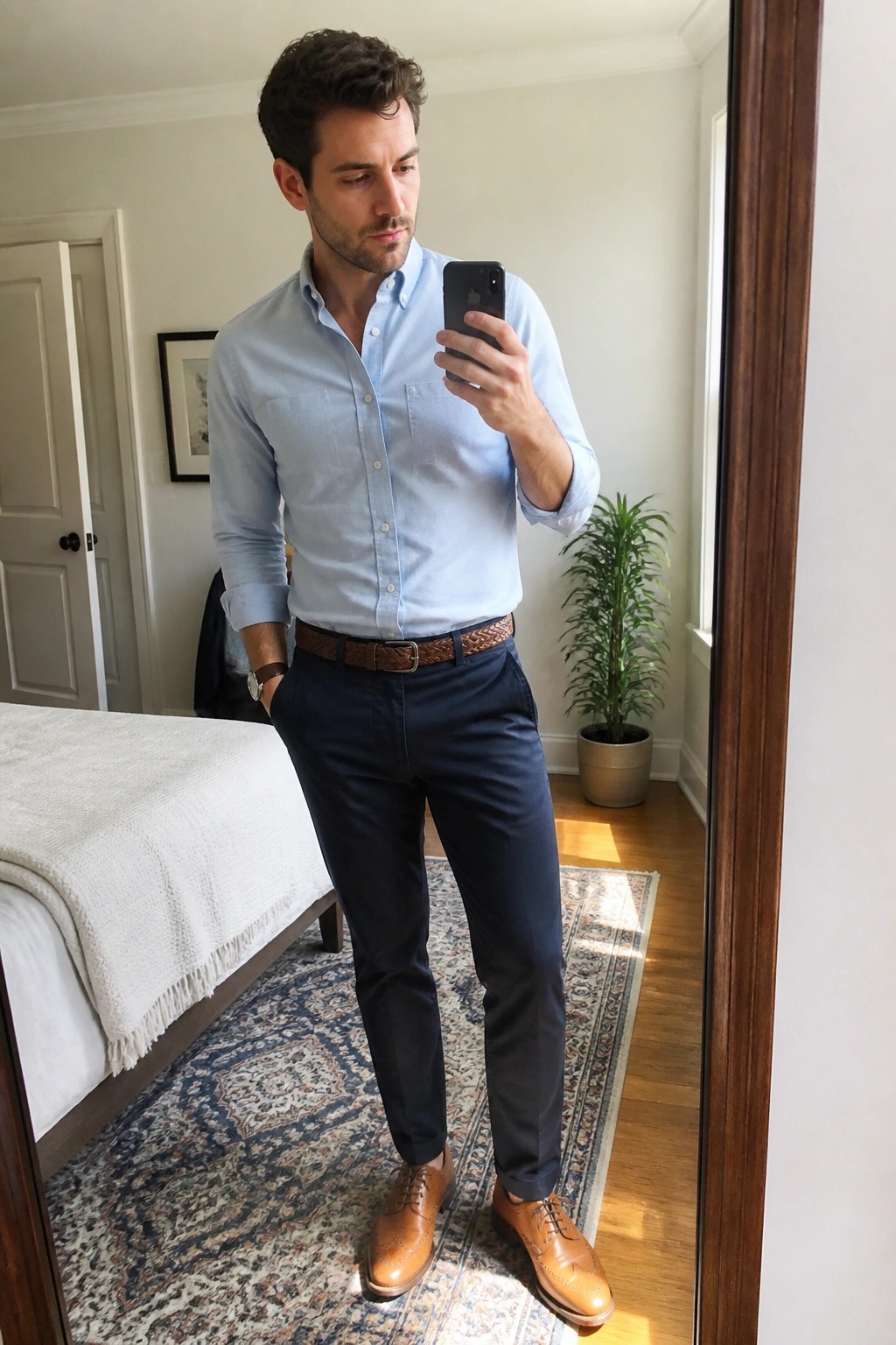 Man in light blue shirt and navy pants taking mirror selfie in bedroom.