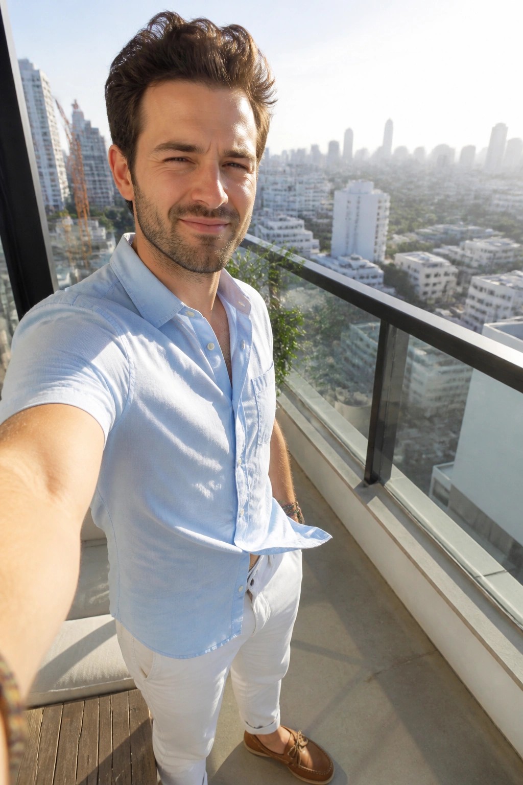 Man in light blue shirt and white pants taking selfie on sunny city balcony