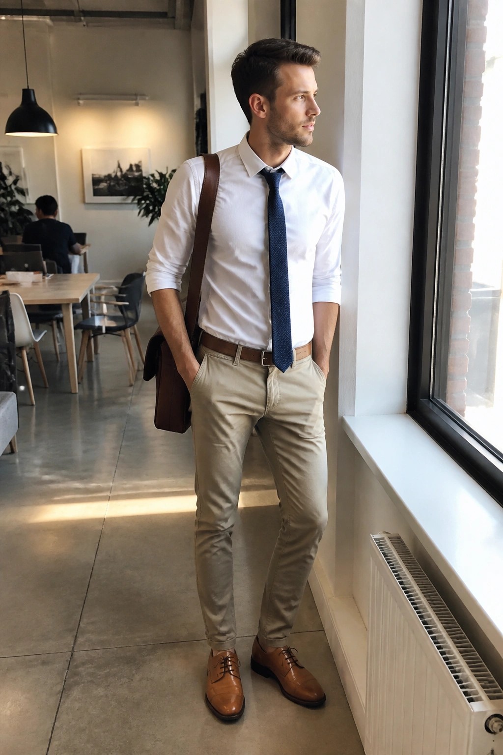 Man in white shirt, blue tie, khaki pants with brown bag by window