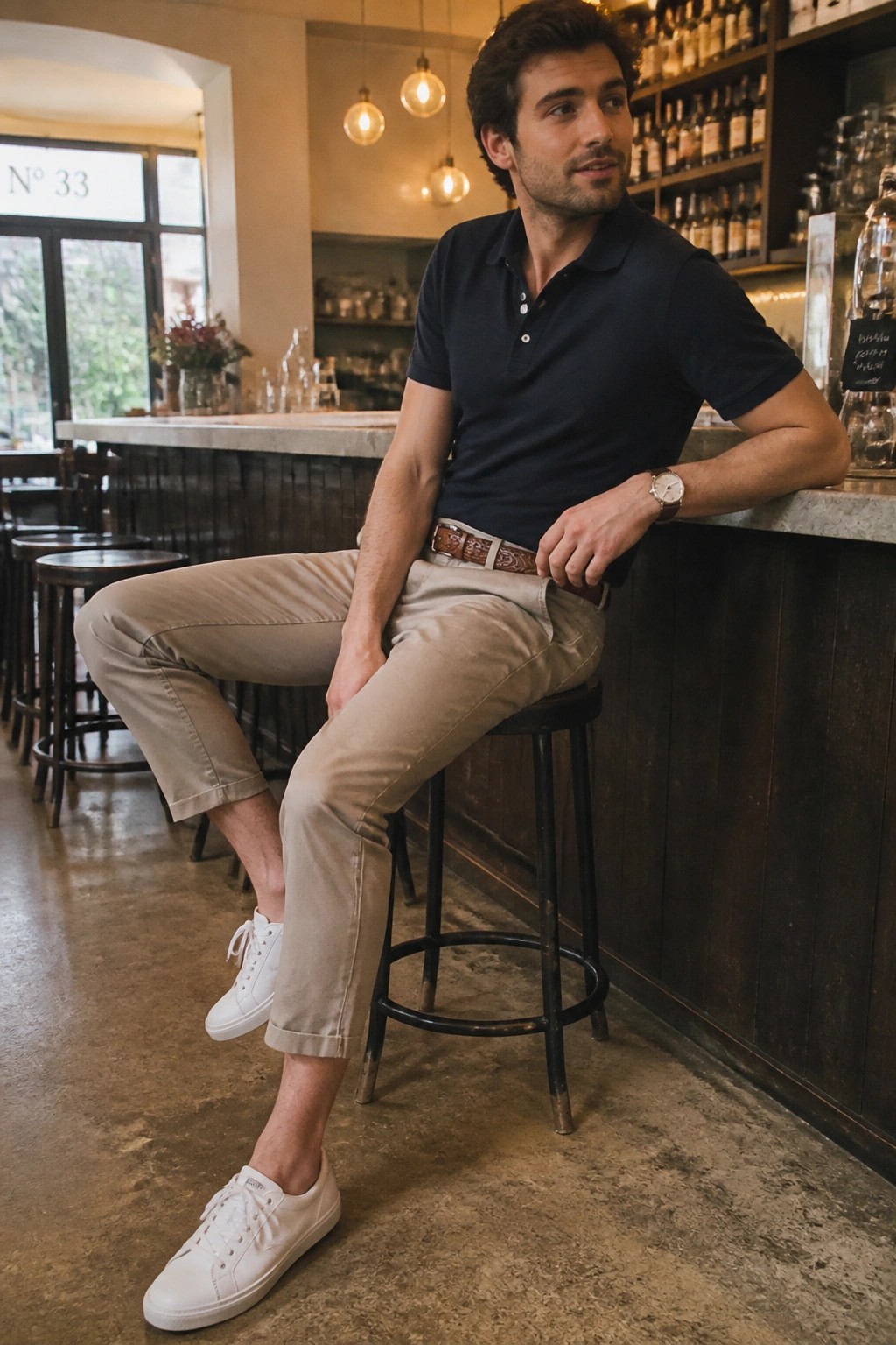 Man in navy polo and beige pants seated at wooden bar counter.