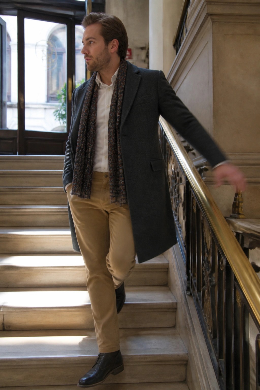 Man in gray overcoat and patterned scarf on ornate marble staircase with gold railing