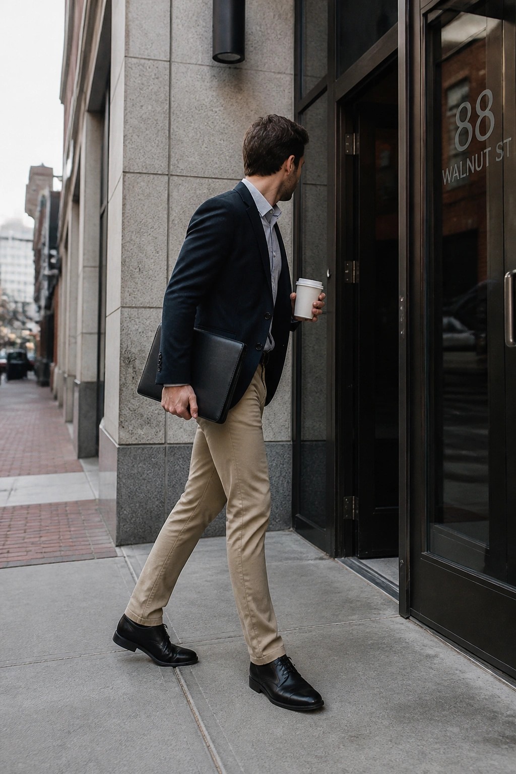 Man in navy blazer and khaki pants holding coffee and black portfolio by building doors