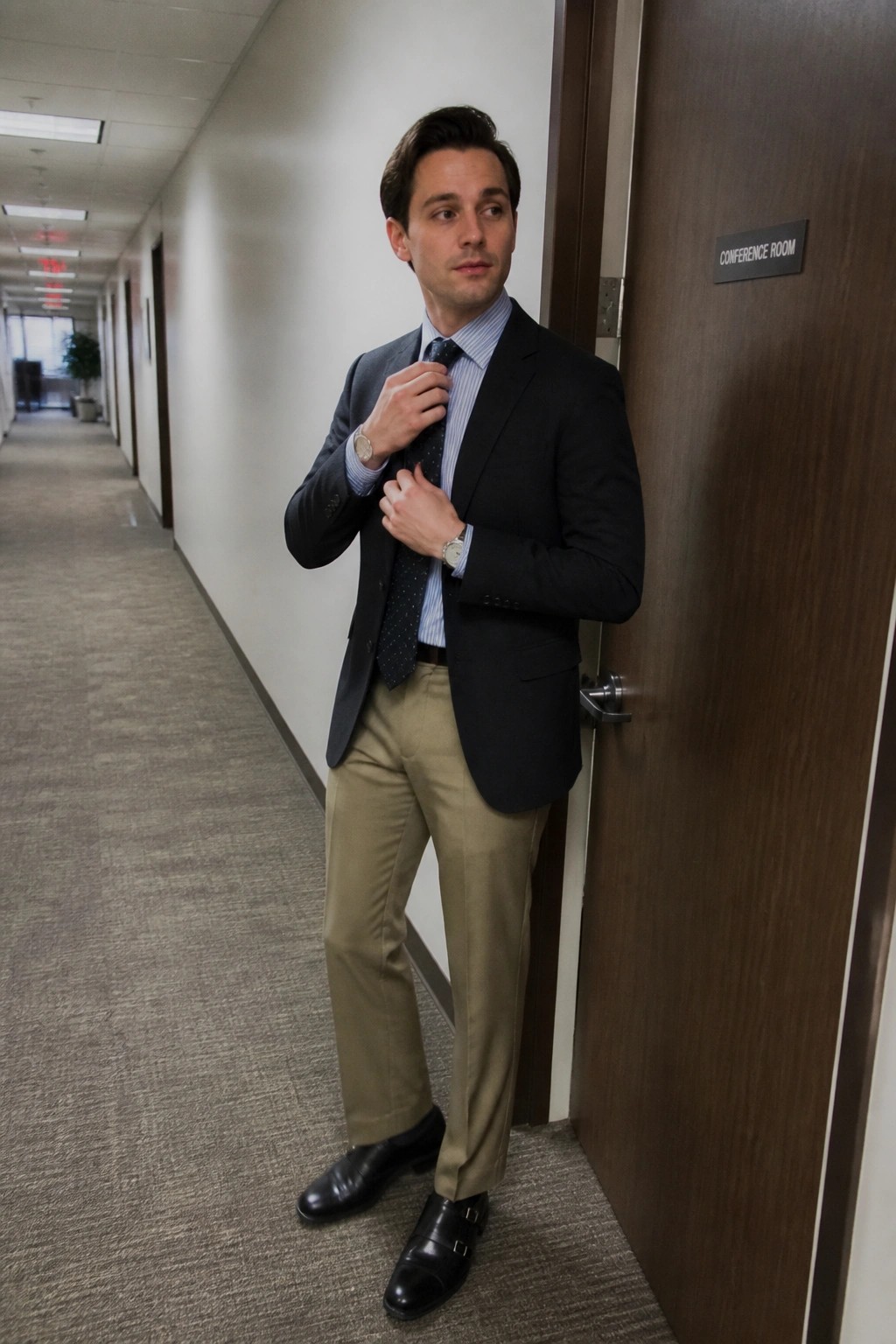 Businessman in navy blazer and khaki pants adjusting tie by conference room door