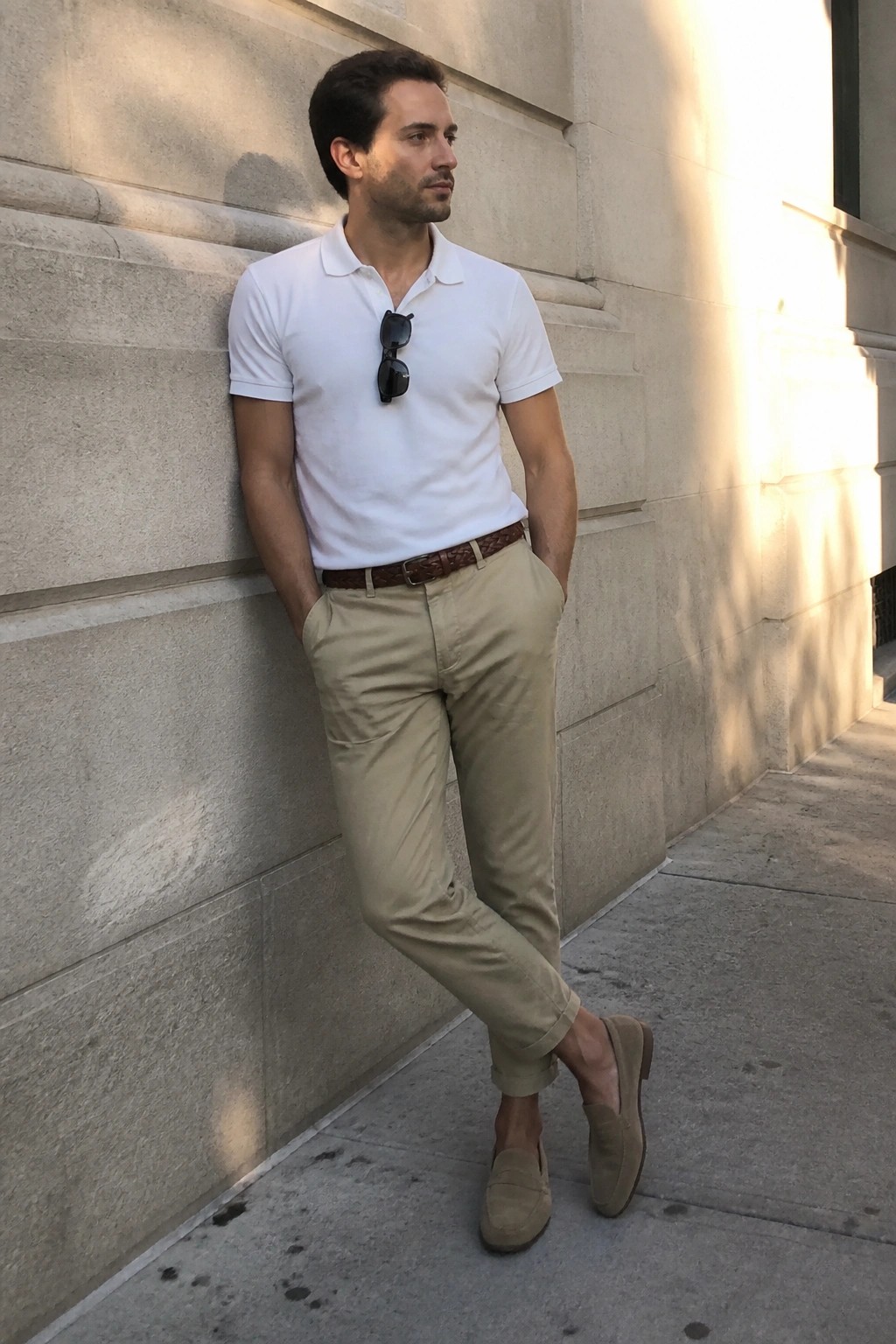 Man in white polo shirt and khaki pants leaning against stone wall with sunglasses