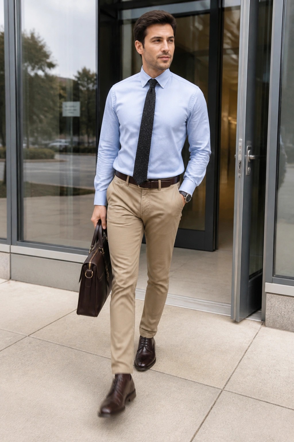 Man in light blue shirt, patterned tie, and beige pants holding brown briefcase outdoors.