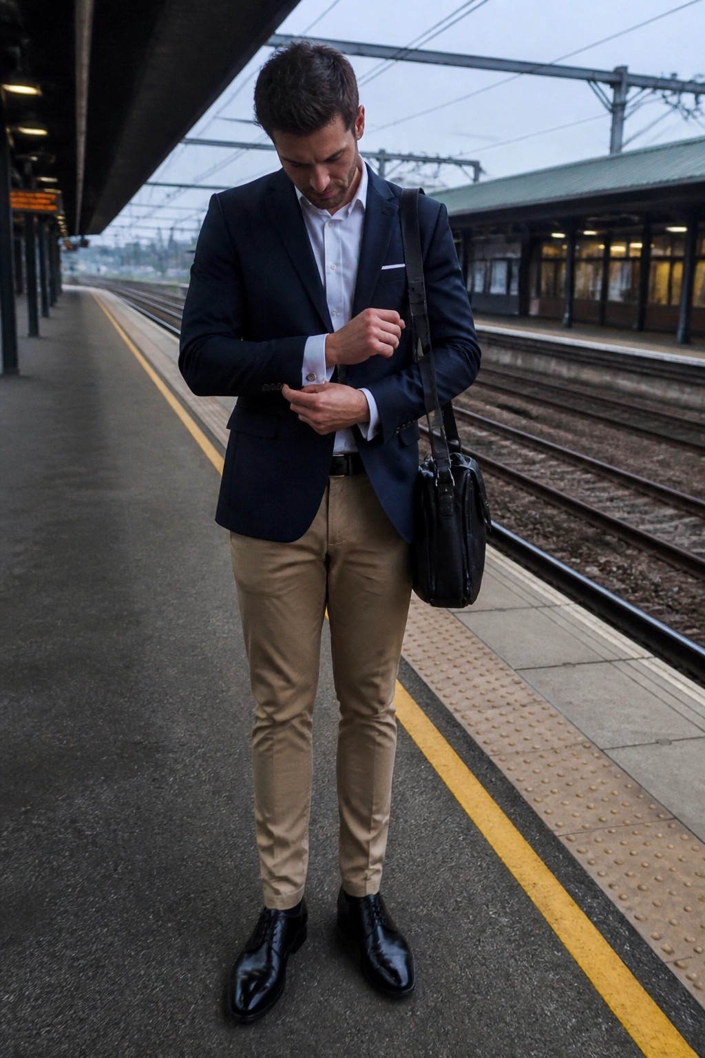 Man in navy blazer and beige pants checks watch on train platform