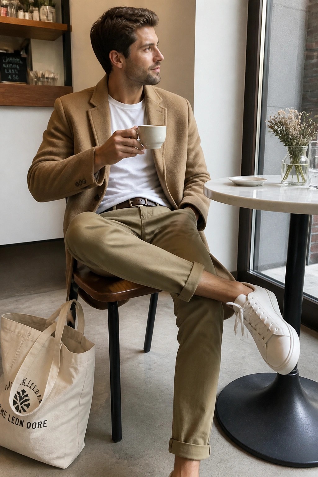 Man in tan blazer and khaki pants holding coffee beside tote bag in cafe