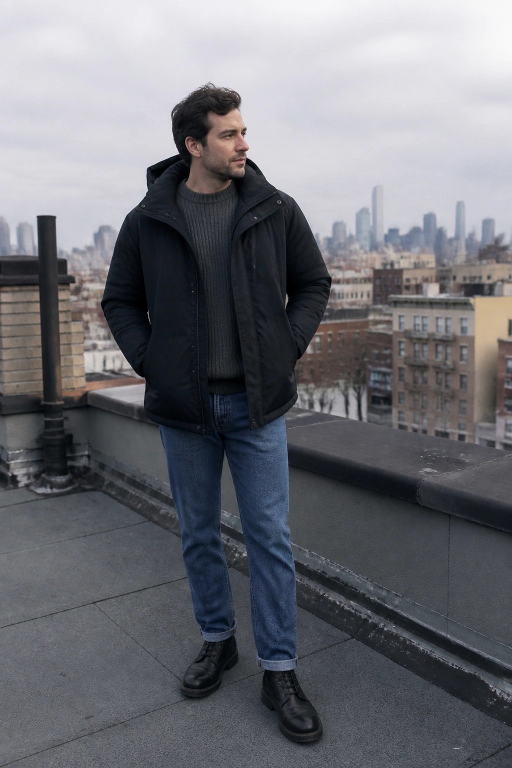 Man in black hooded jacket and jeans stands on rooftop overlooking city skyline