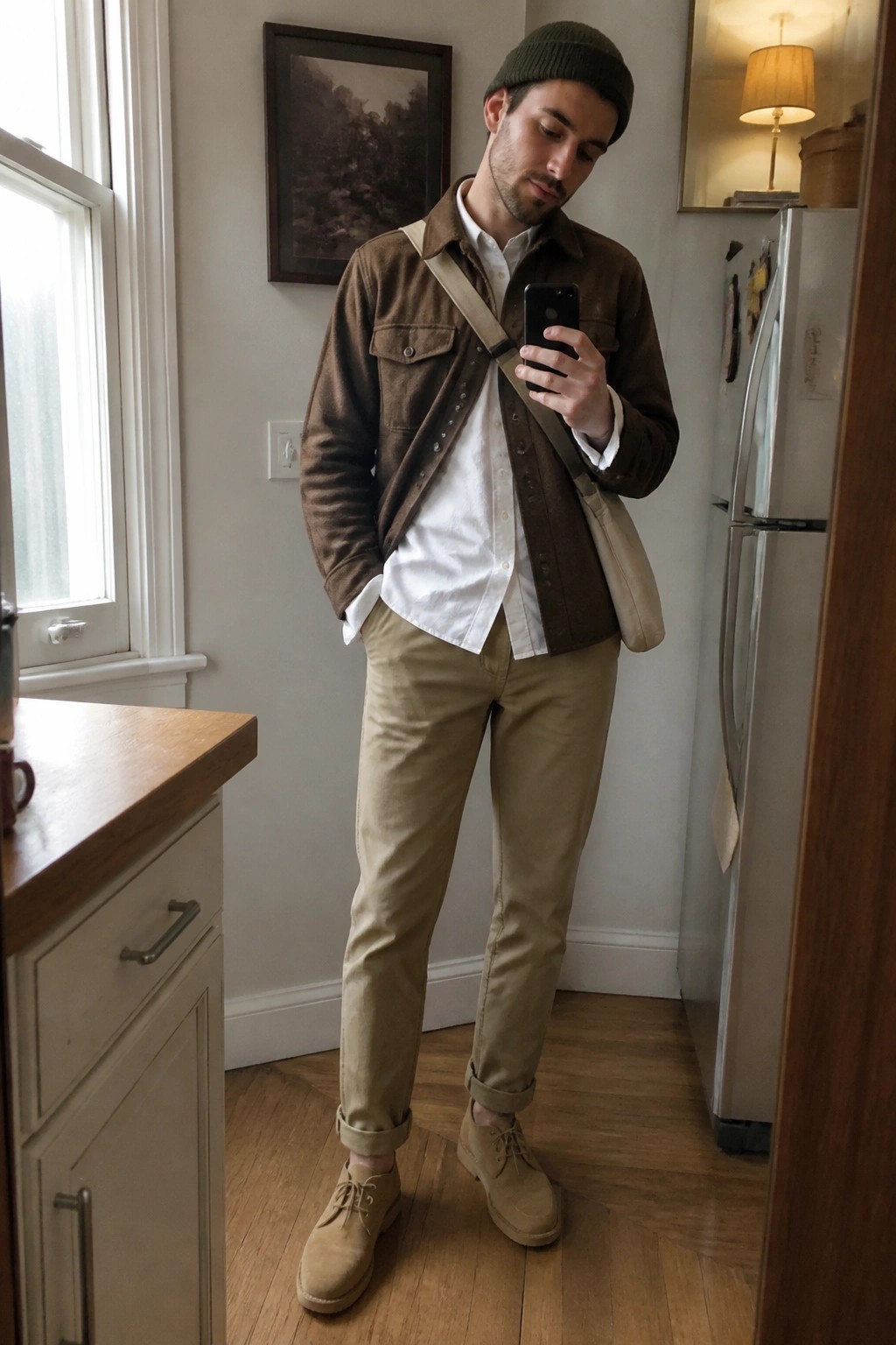 Man in brown jacket, white shirt, khaki pants, green beanie holding smartphone