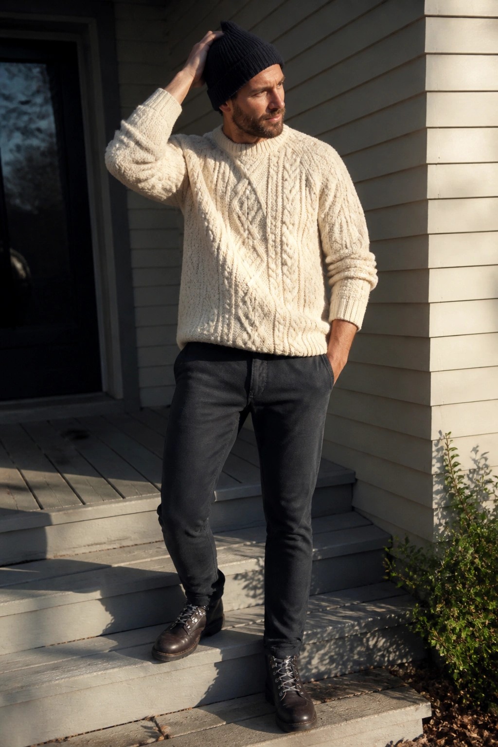 Bearded man in cream cable-knit sweater and black beanie on wooden steps.