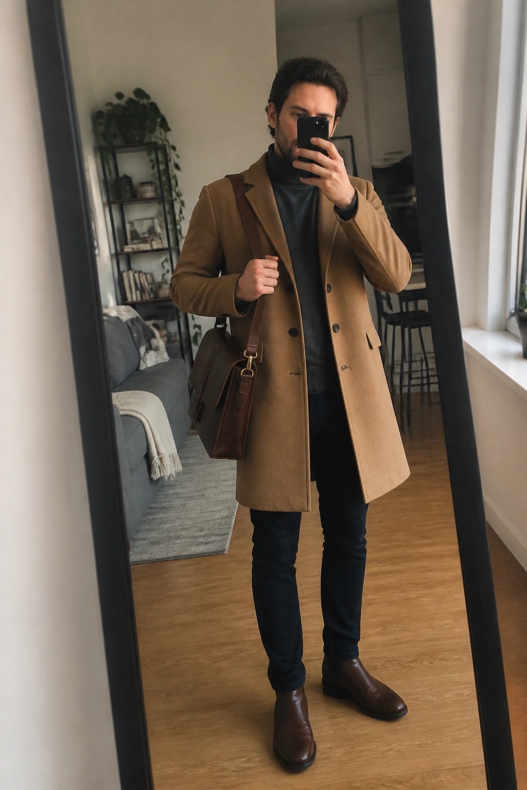 Man in camel coat and turtleneck taking mirror selfie with brown leather bag
