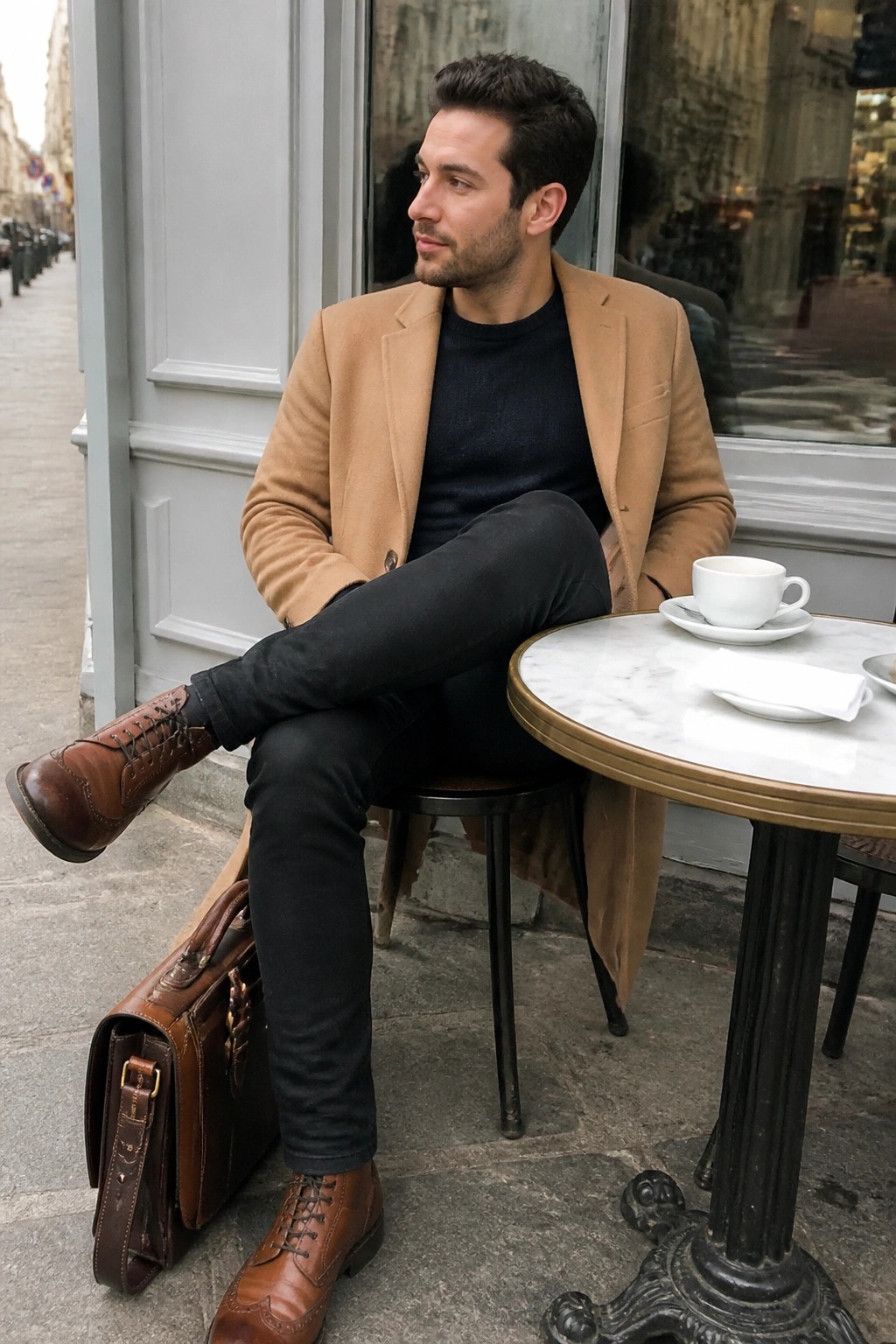 Man seated outdoors wearing a tan wool overcoat over a navy knit sweater with black pants and brown leather boots next to a brown leather briefcase on the ground.