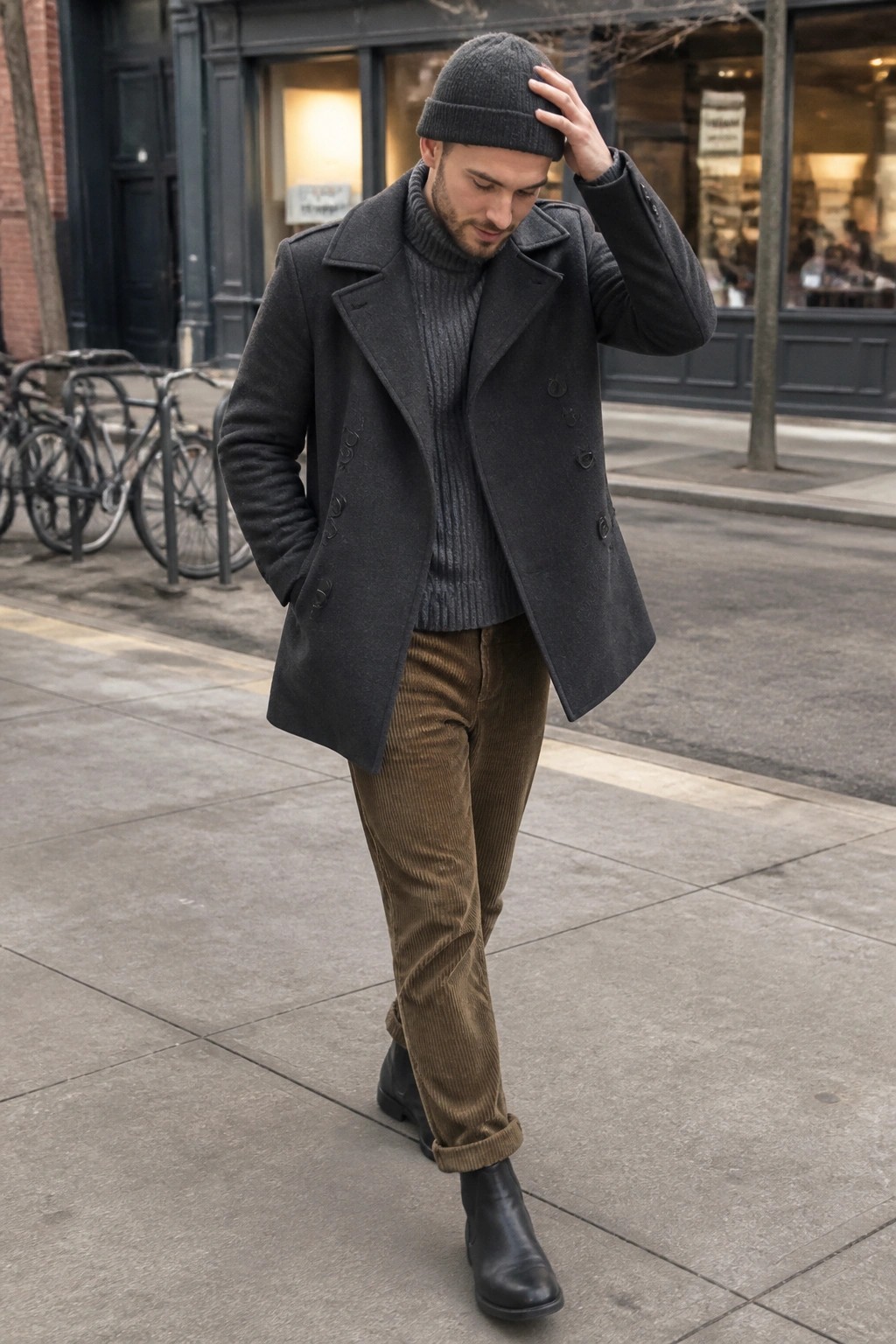 Man in gray peacoat, turtleneck, corduroy pants, and beanie on city sidewalk.