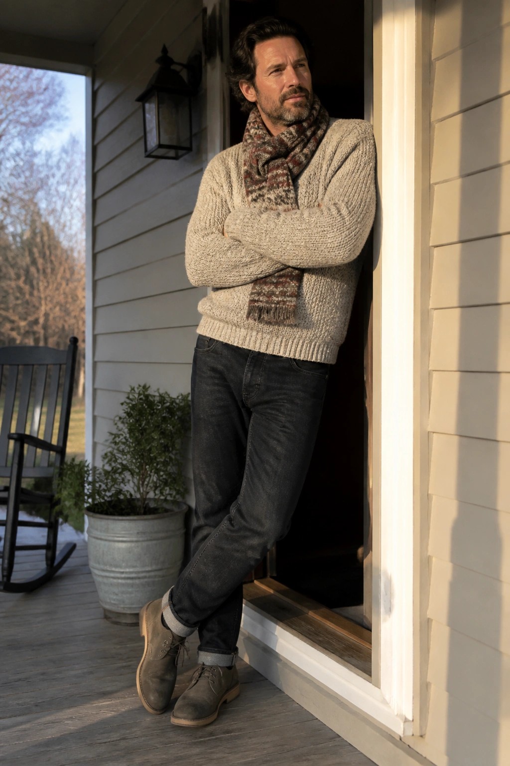 Man in beige sweater and scarf leaning in white house doorway on porch.