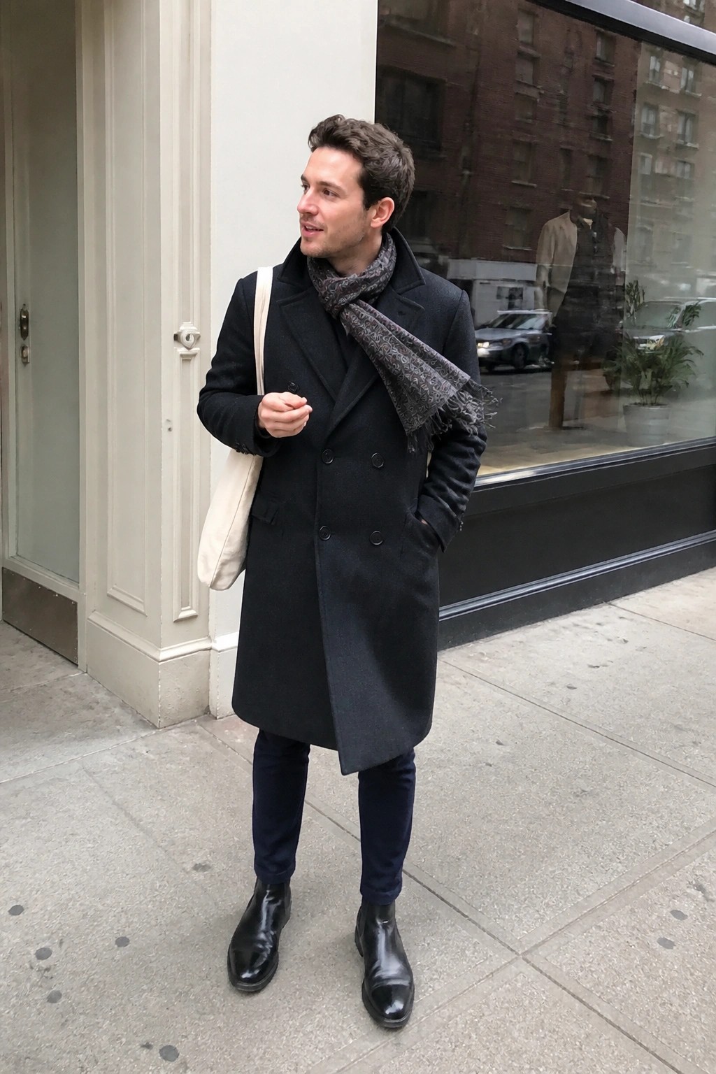 Man in black overcoat and patterned scarf with tote bag on city sidewalk