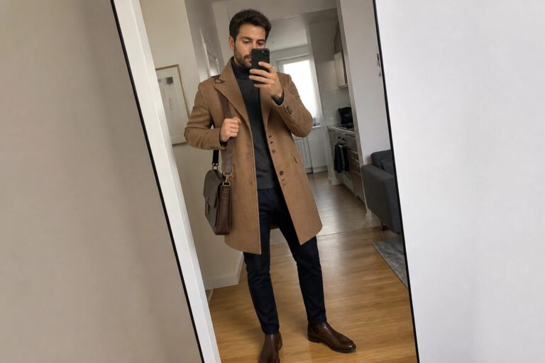 Man in camel coat and turtleneck taking mirror selfie with brown leather bag