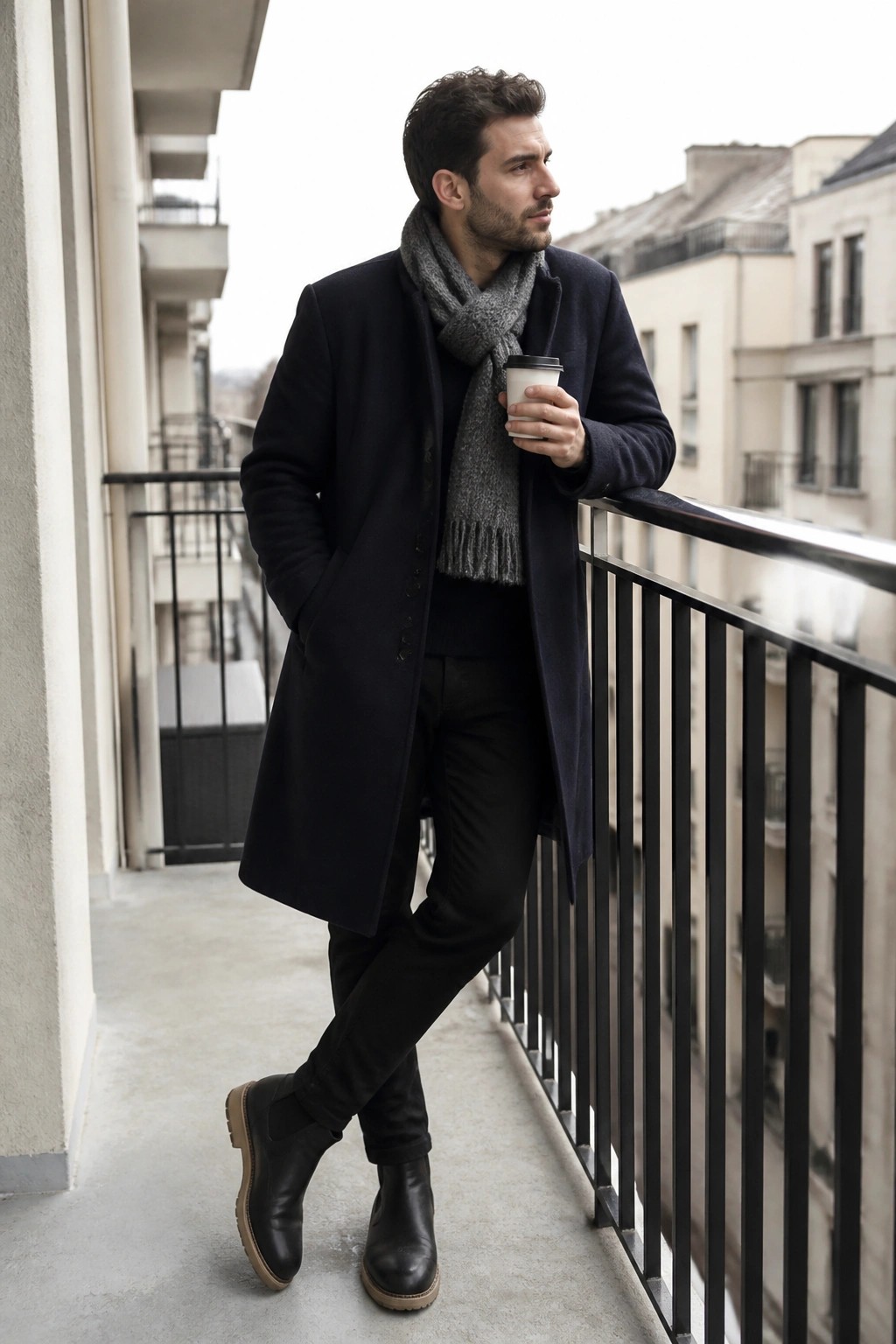Man wearing a long navy wool overcoat, black sweater, black trousers, black Chelsea boots, and a gray knit scarf while holding a coffee cup on a balcony.