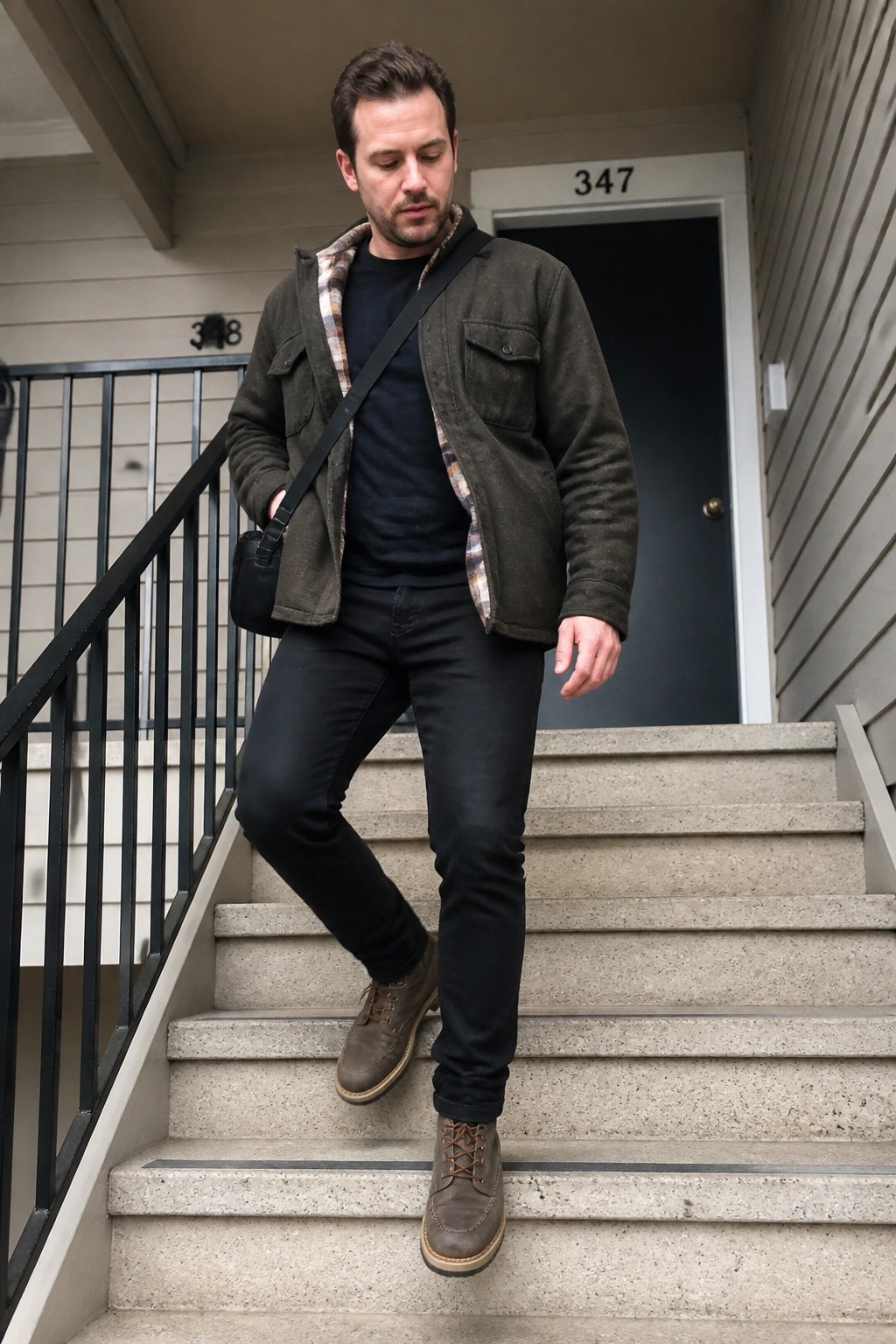 Man in olive green jacket with visible plaid lining over black t-shirt, black jeans, brown boots, and black crossbody bag on concrete steps.