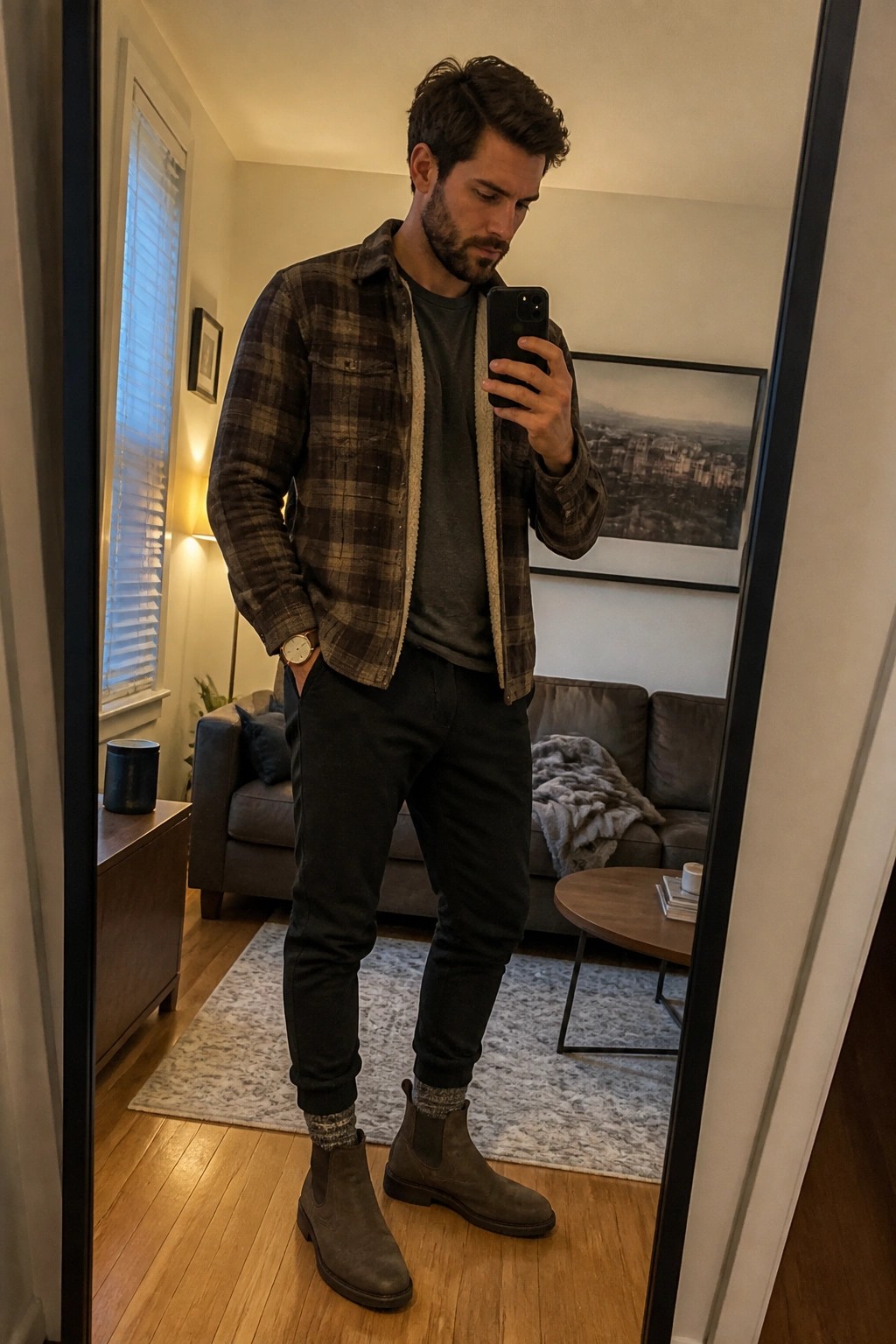 Man in plaid jacket and brown boots taking mirror selfie in living room