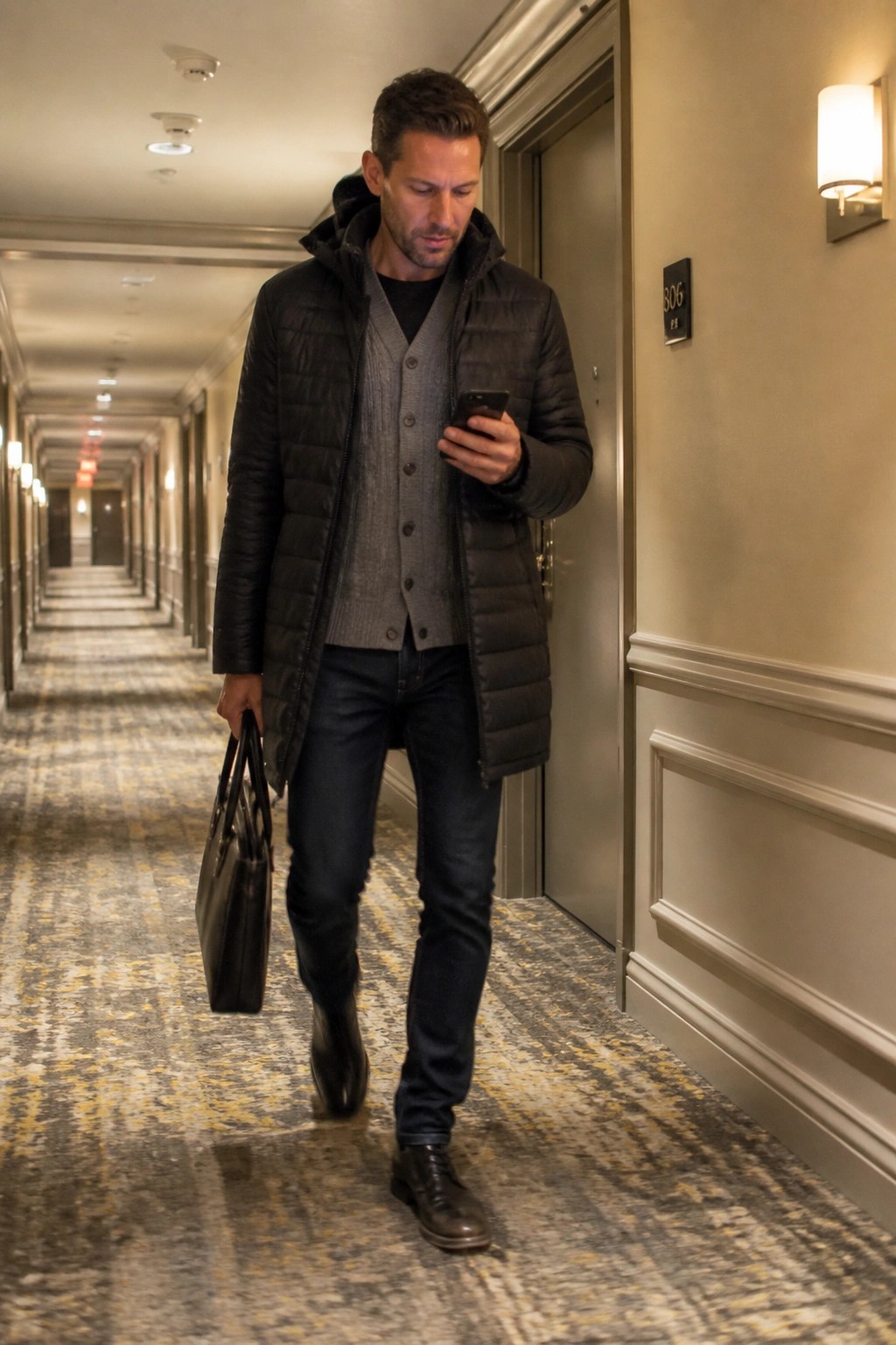 Man in black puffer vest checks phone while carrying bag in hotel hallway