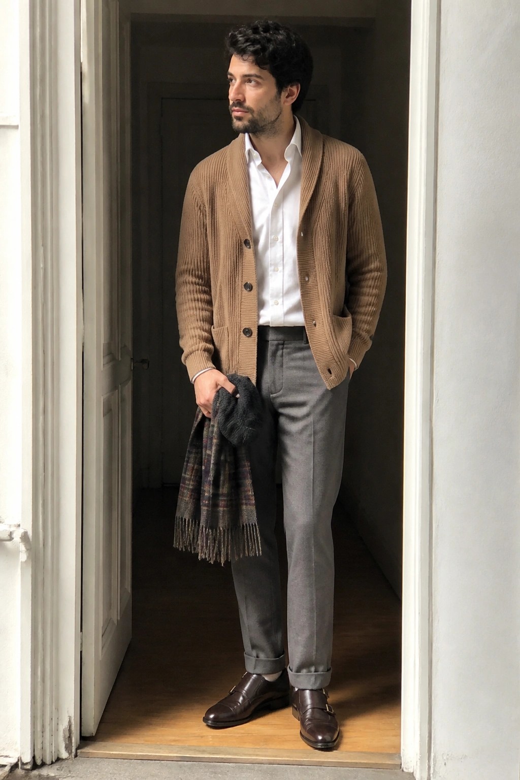 Man in brown cardigan and gray trousers holding plaid scarf in doorway