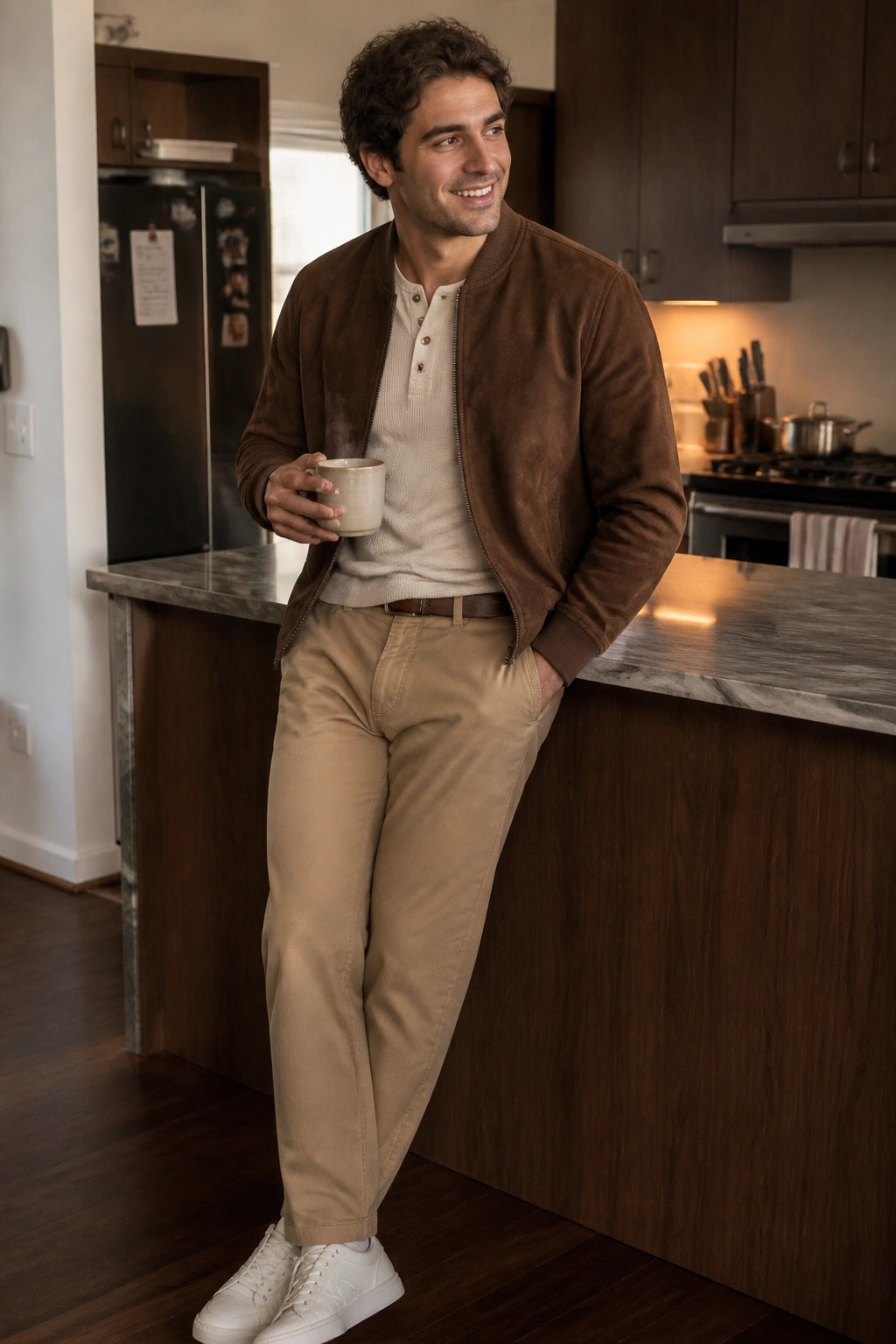 Man in brown suede jacket holds steaming mug in modern kitchen