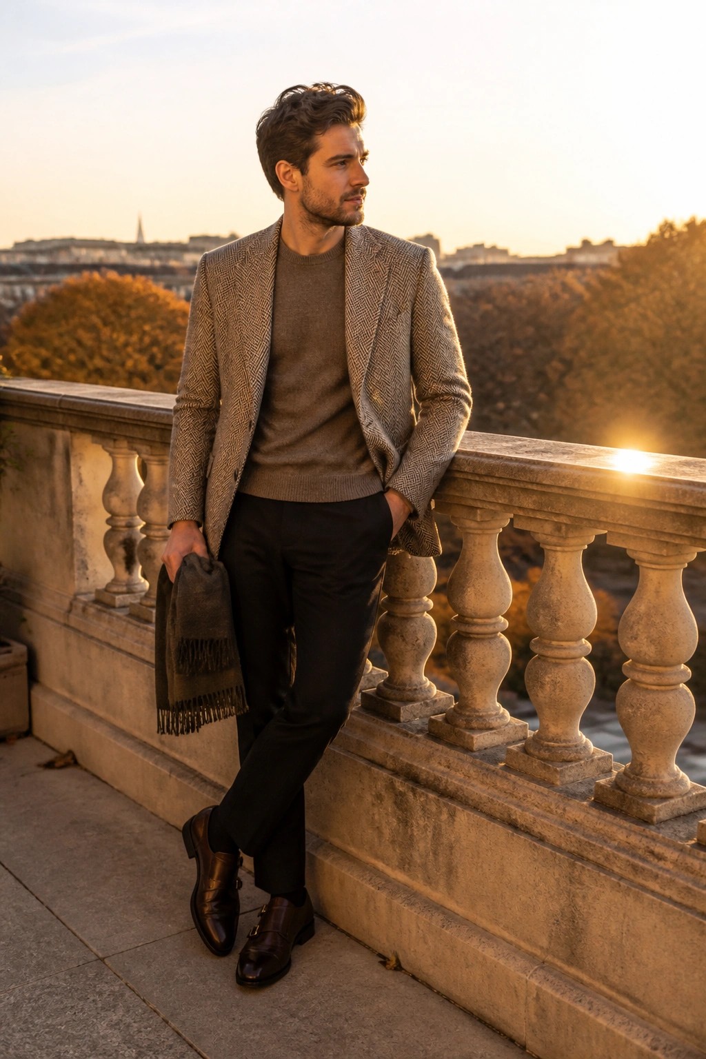 Man in herringbone tweed blazer and sweater leaning on stone balustrade at sunset holding scarf