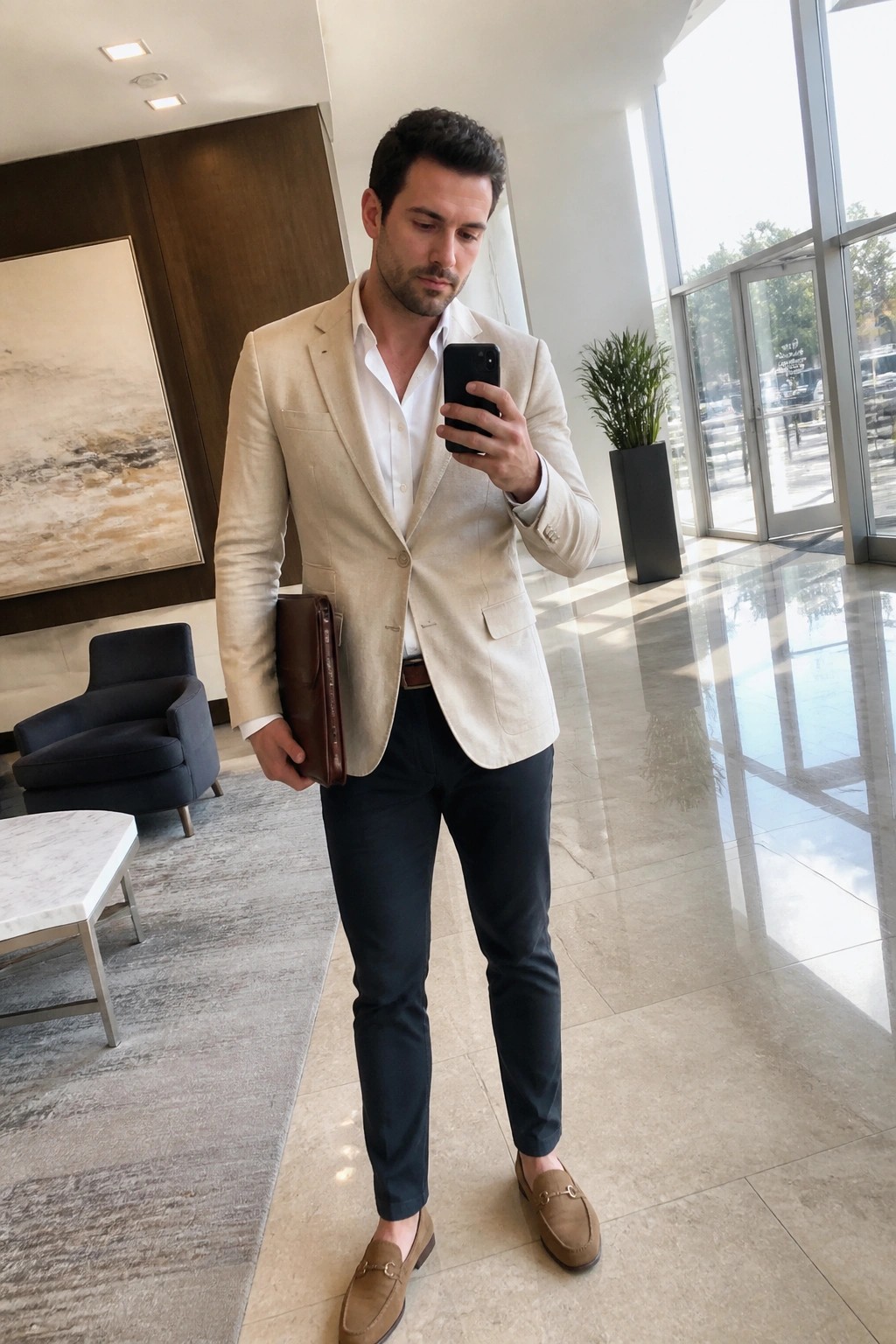 Man in beige blazer and navy pants checks phone in marble lobby