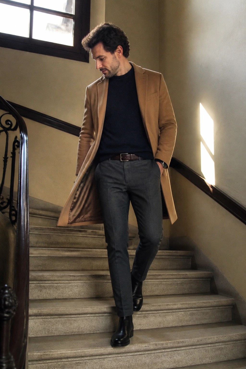 Man in tan coat over navy sweater and gray pants on marble stairs