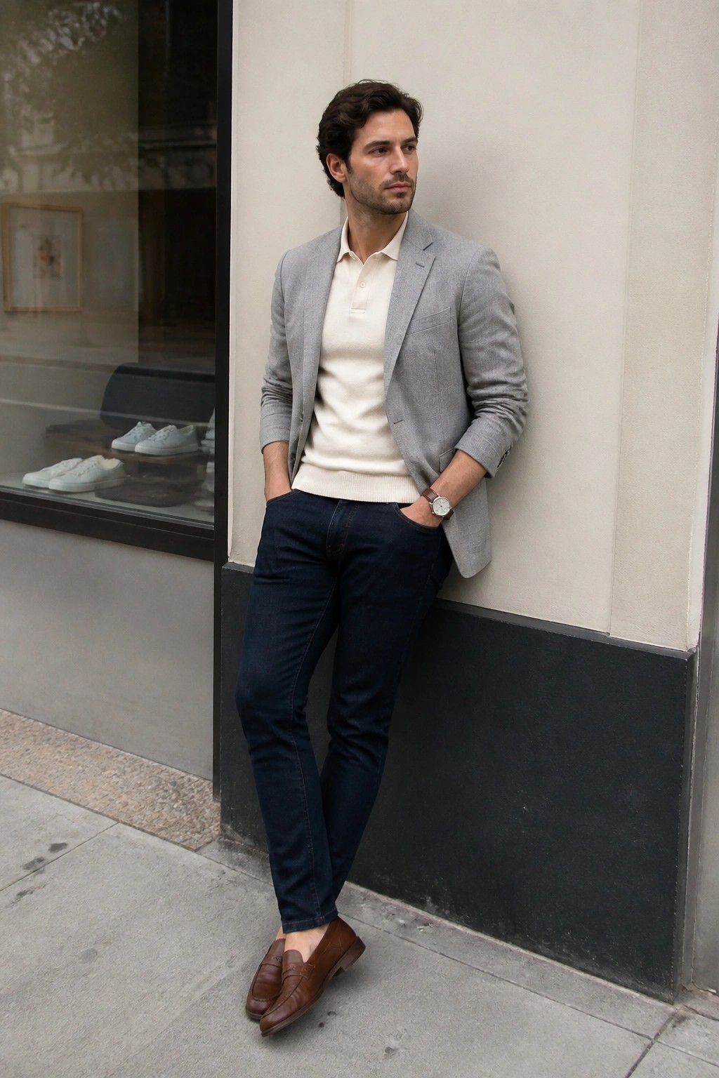 Man in light gray blazer over cream polo sweater, dark blue jeans, and brown leather loafers standing against a wall.