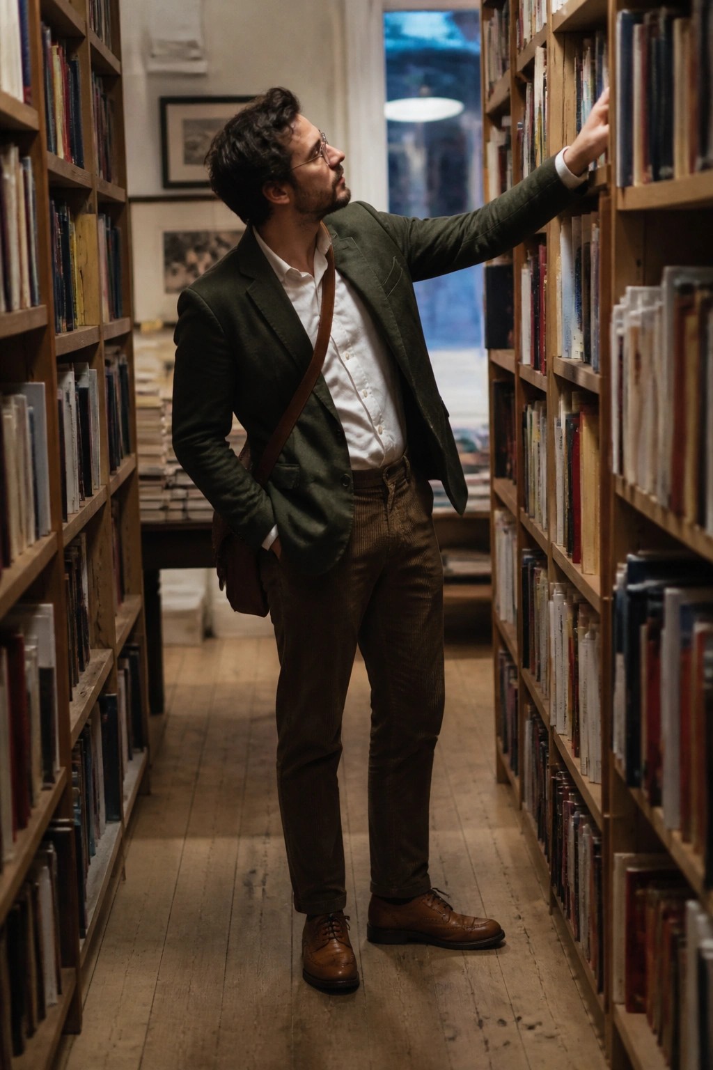 Man in green blazer reaches for book on tall wooden library shelf