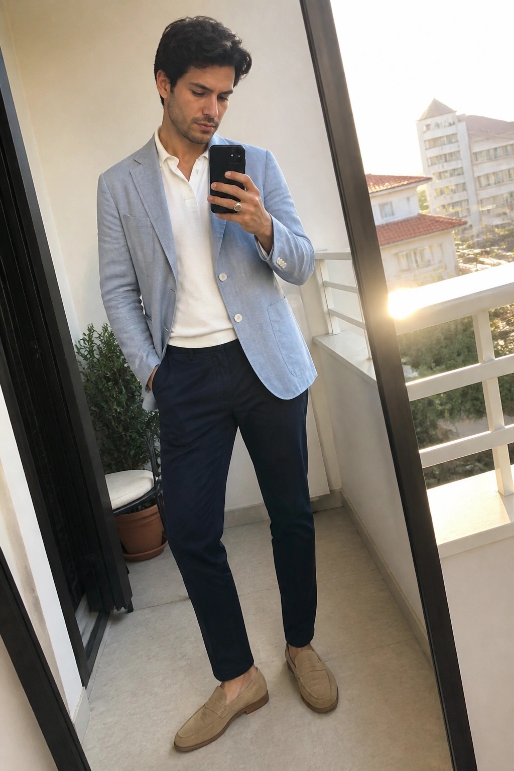 Man in light blue blazer and white shirt taking balcony mirror selfie