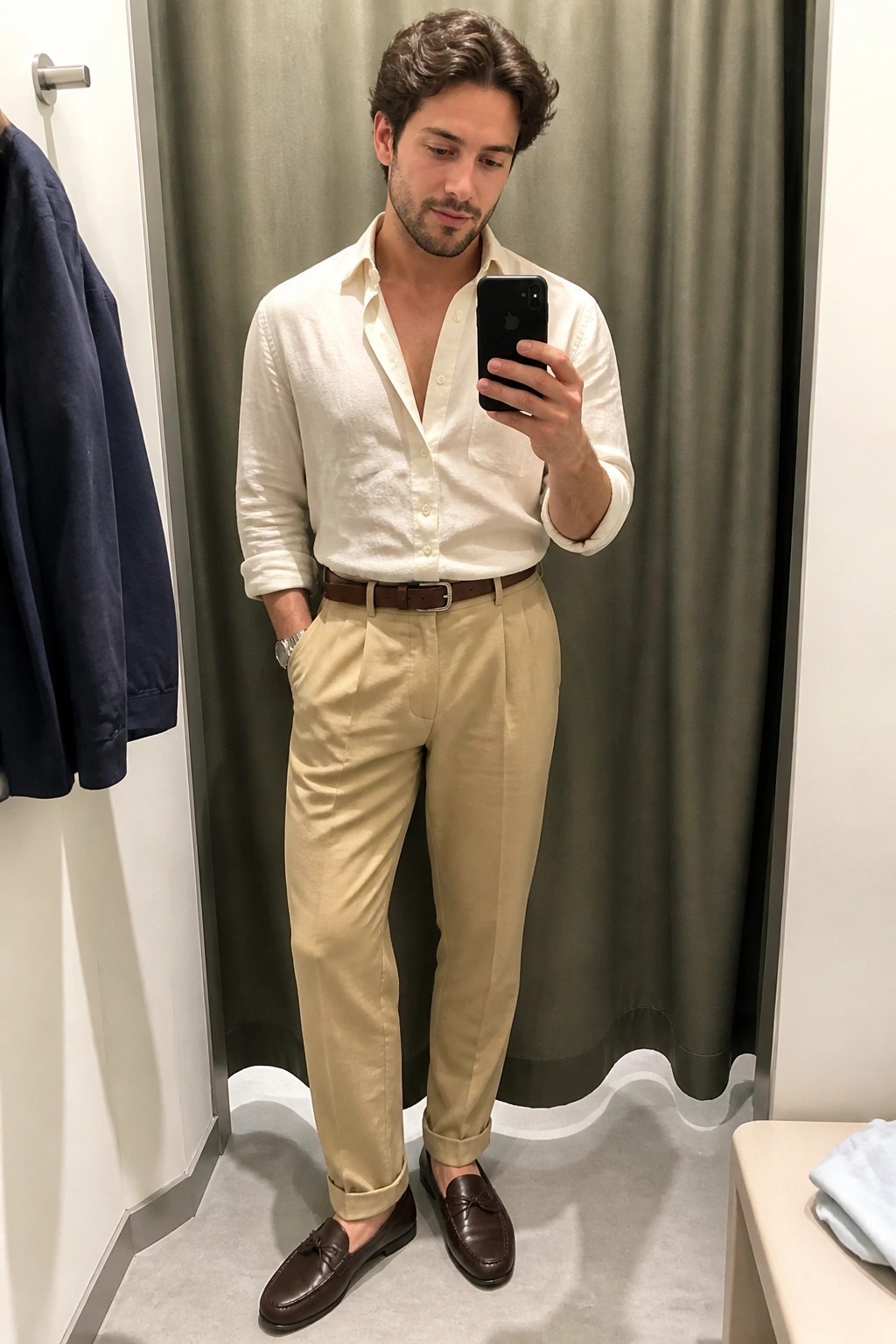 Man in white shirt and beige pants taking mirror selfie in fitting room.