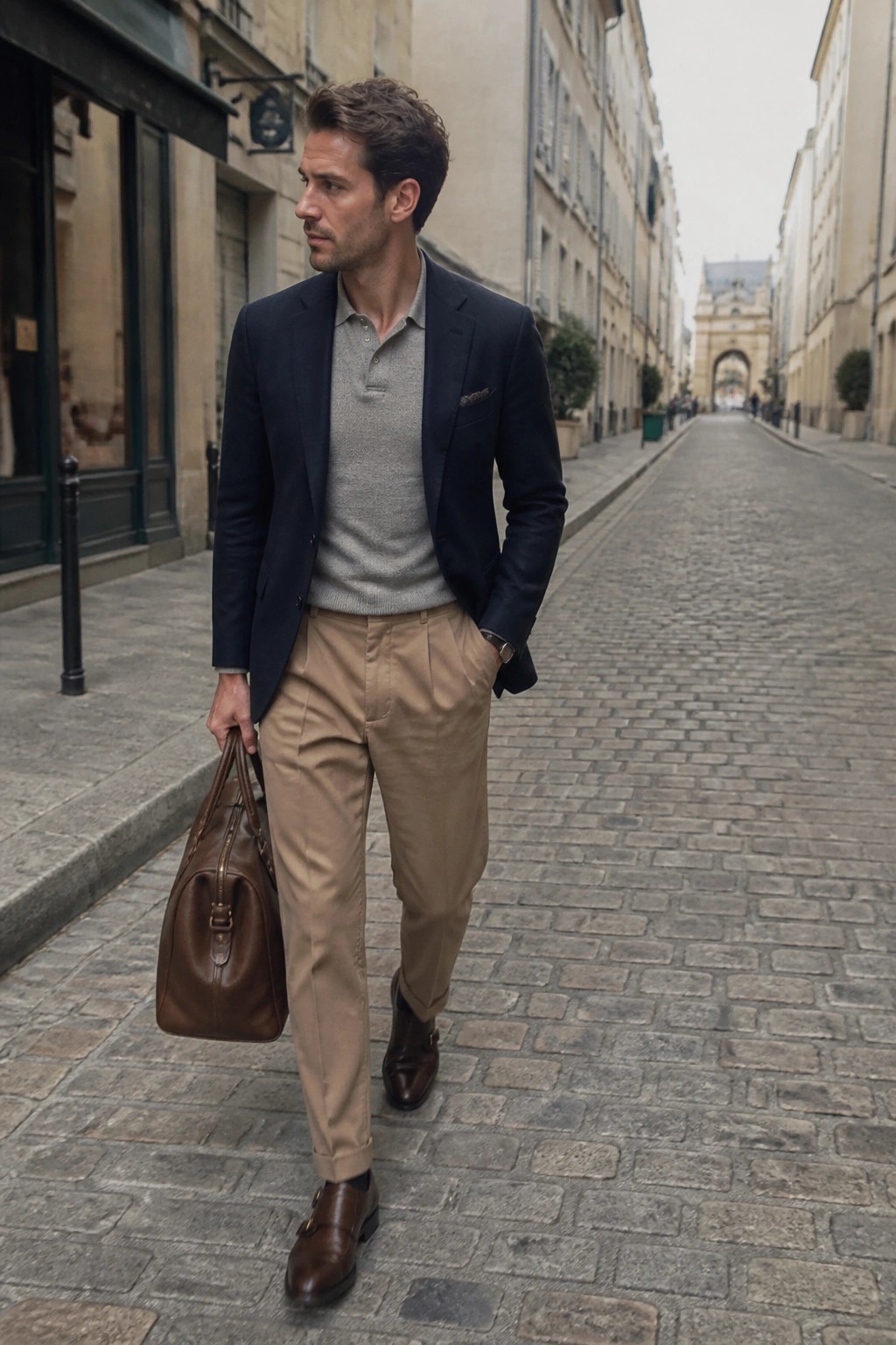 Man in navy blazer and beige trousers carrying brown leather bag on cobblestone street