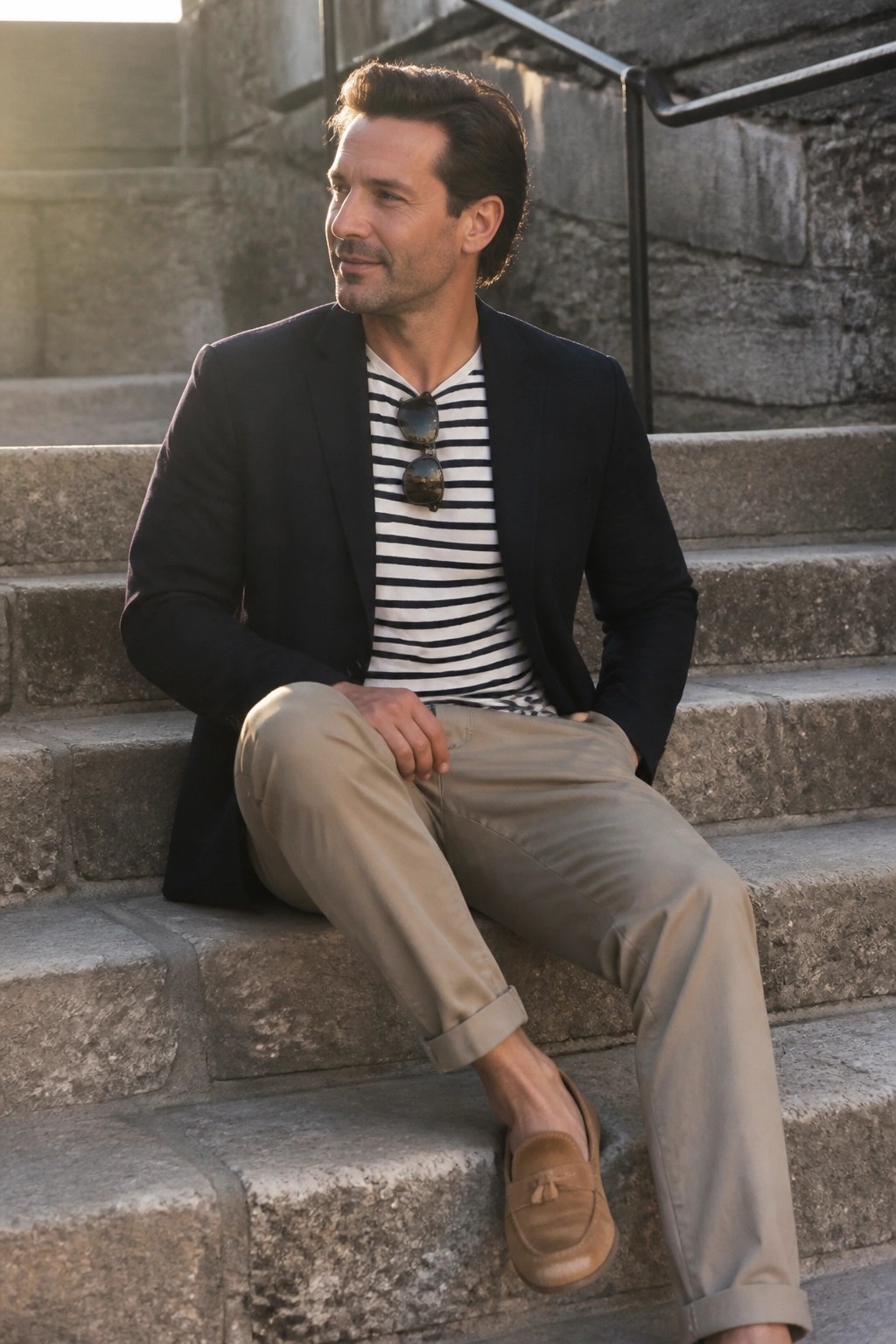 Man wearing a navy blazer over a white and navy striped t-shirt with sunglasses tucked in the neckline, paired with cuffed khaki trousers and brown suede loafers while seated on stone steps.