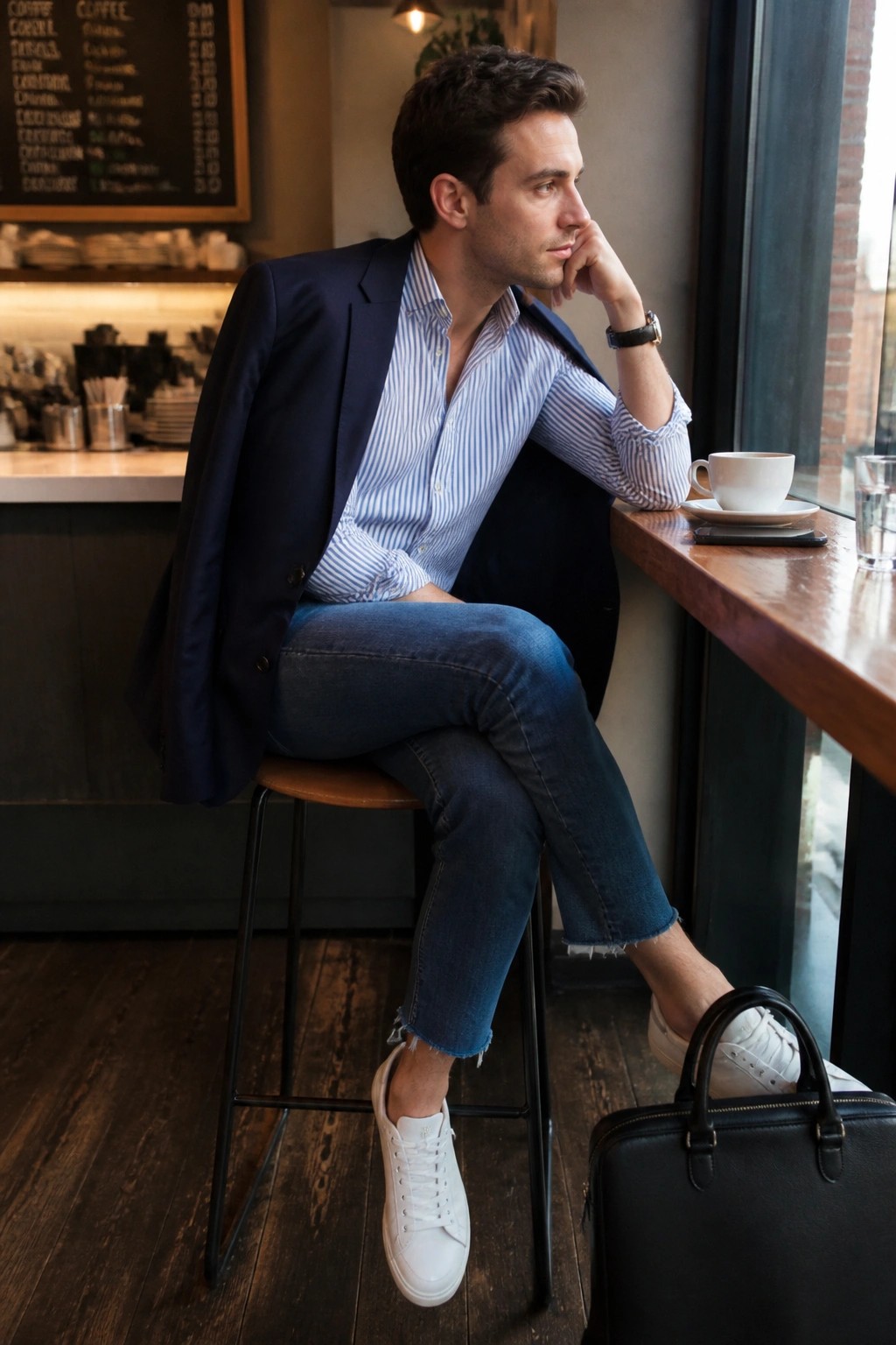 Man in navy blazer and jeans gazing out cafe window with coffee