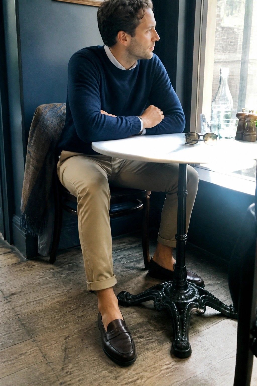 Man in navy sweater and beige pants seated at round cafe table by window