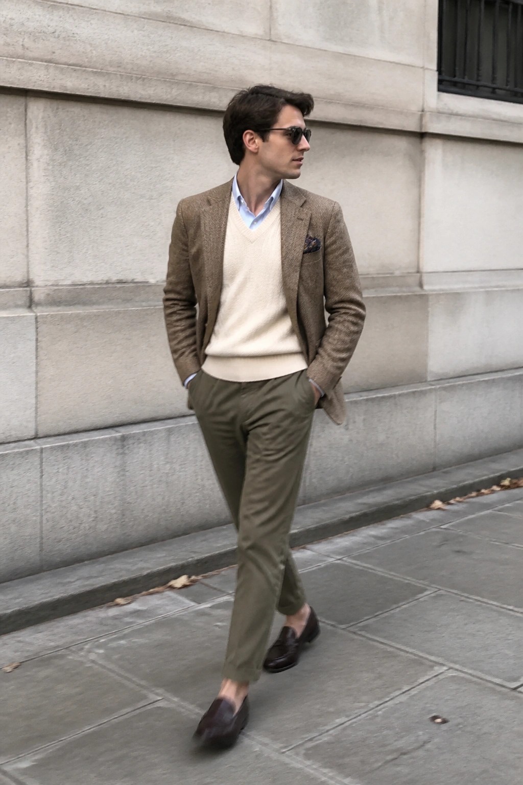 Man in brown tweed blazer, cream sweater, olive trousers, and brown loafers on sidewalk.