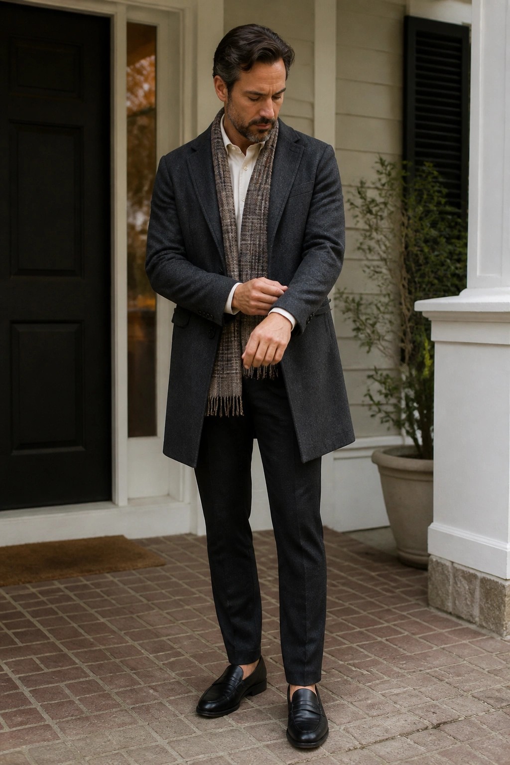 Man in dark overcoat and plaid scarf adjusts cuff on brick porch.