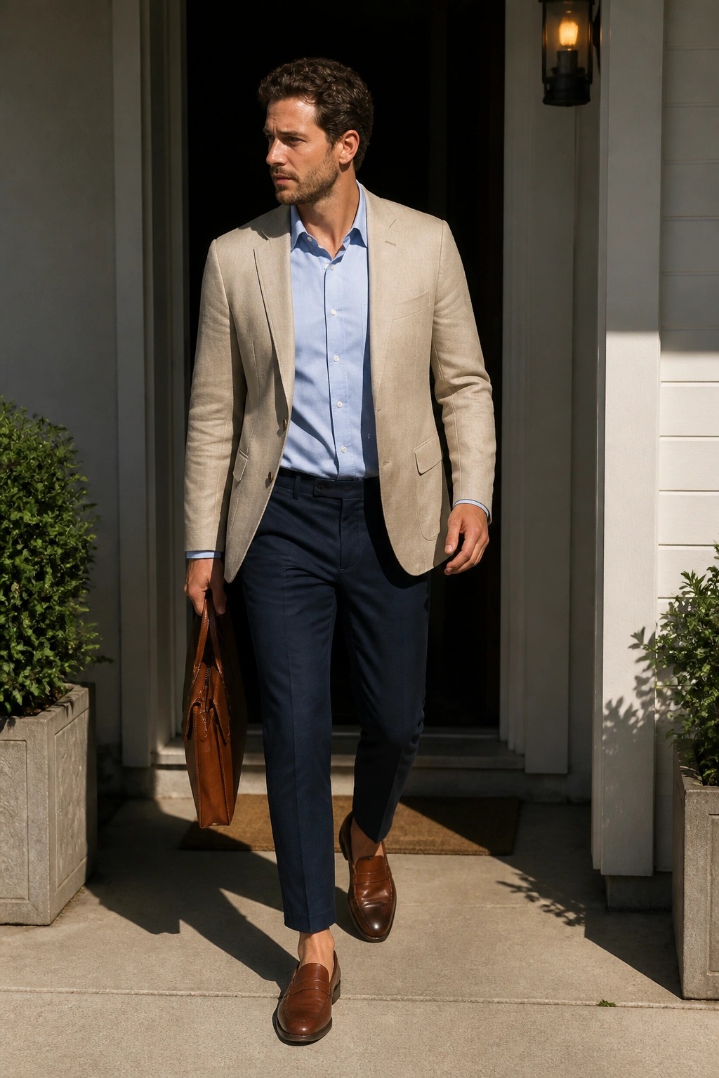 Man in beige blazer, blue shirt, and navy pants holding brown leather briefcase outdoors.