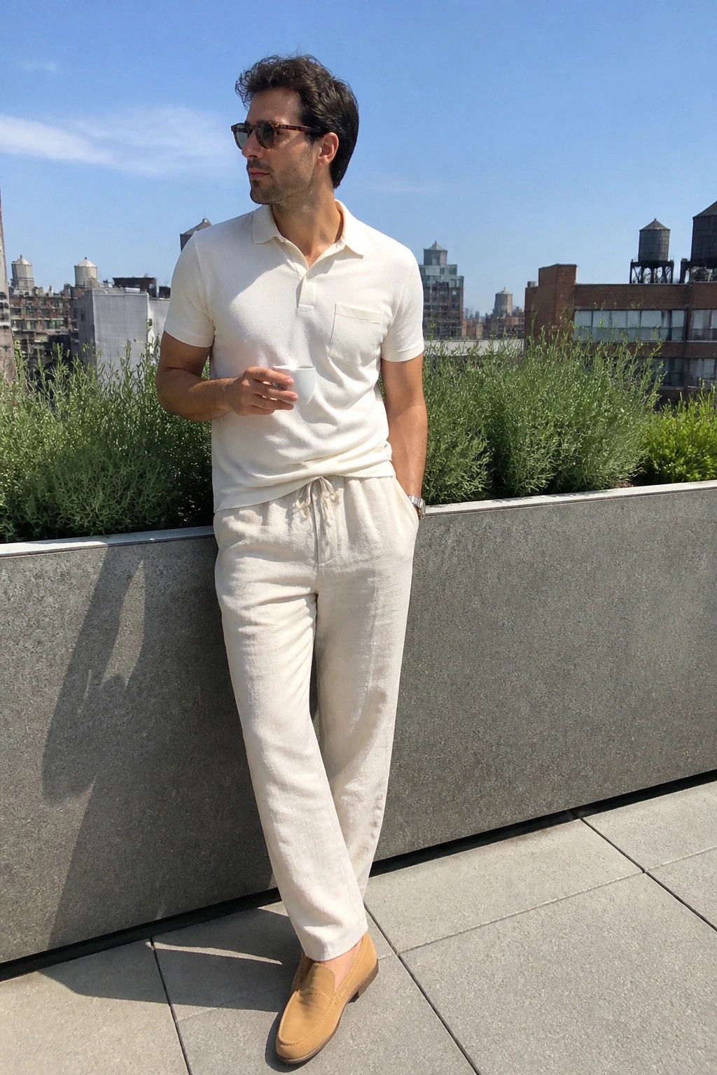 Man in cream short sleeve polo shirt with chest pocket, matching cream linen drawstring pants, and tan suede loafers standing on rooftop with one hand in pocket holding white cup.