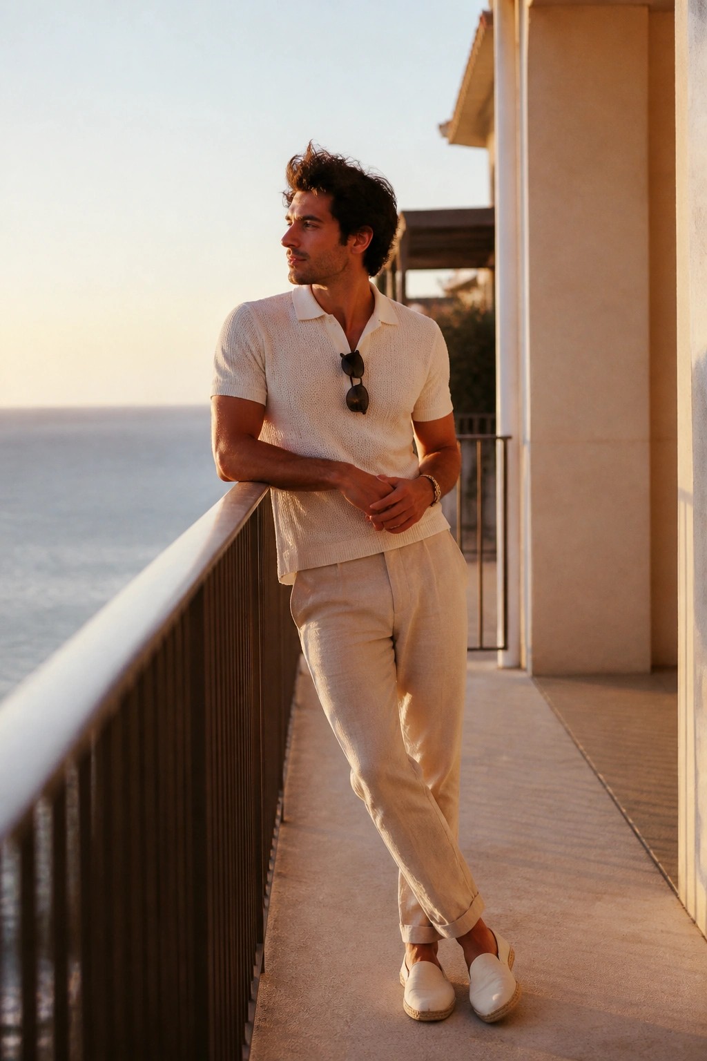 Man in white knit polo and linen pants leaning on oceanfront balcony at sunset