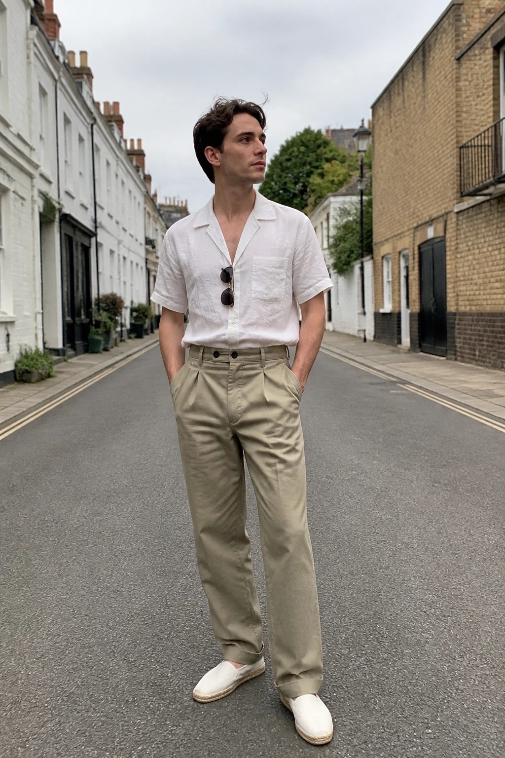 Man in white short-sleeve shirt and beige pleated trousers on quiet street