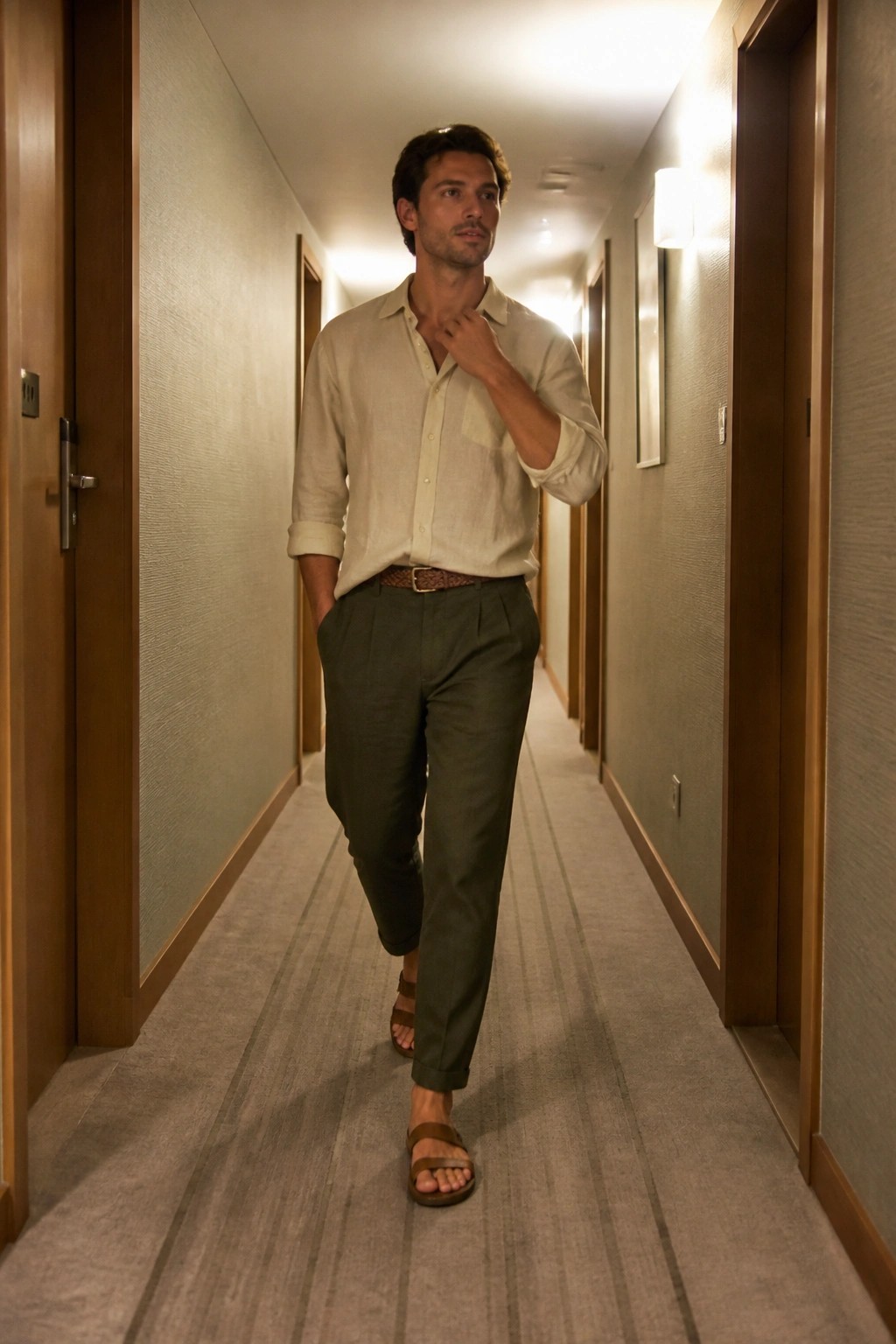 Man in beige shirt and green pants walking down hotel hallway.