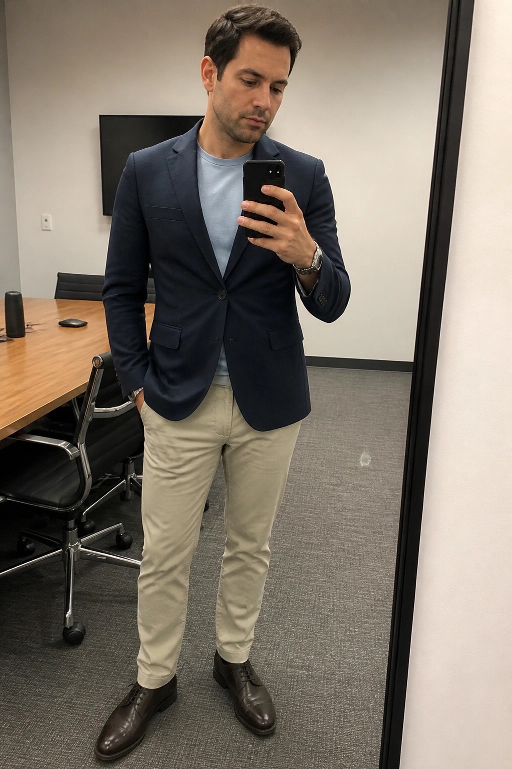 Man in navy blazer and khaki pants takes mirror selfie in office meeting room