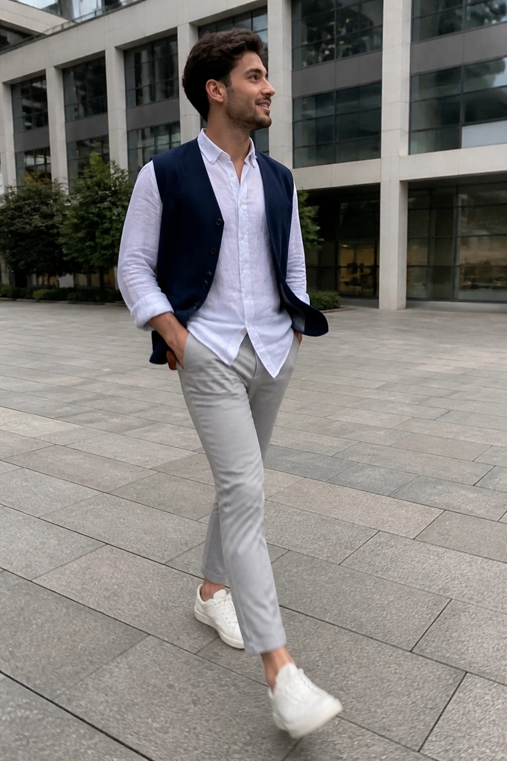 Man in white shirt and navy vest with gray pants posing on stone pavement